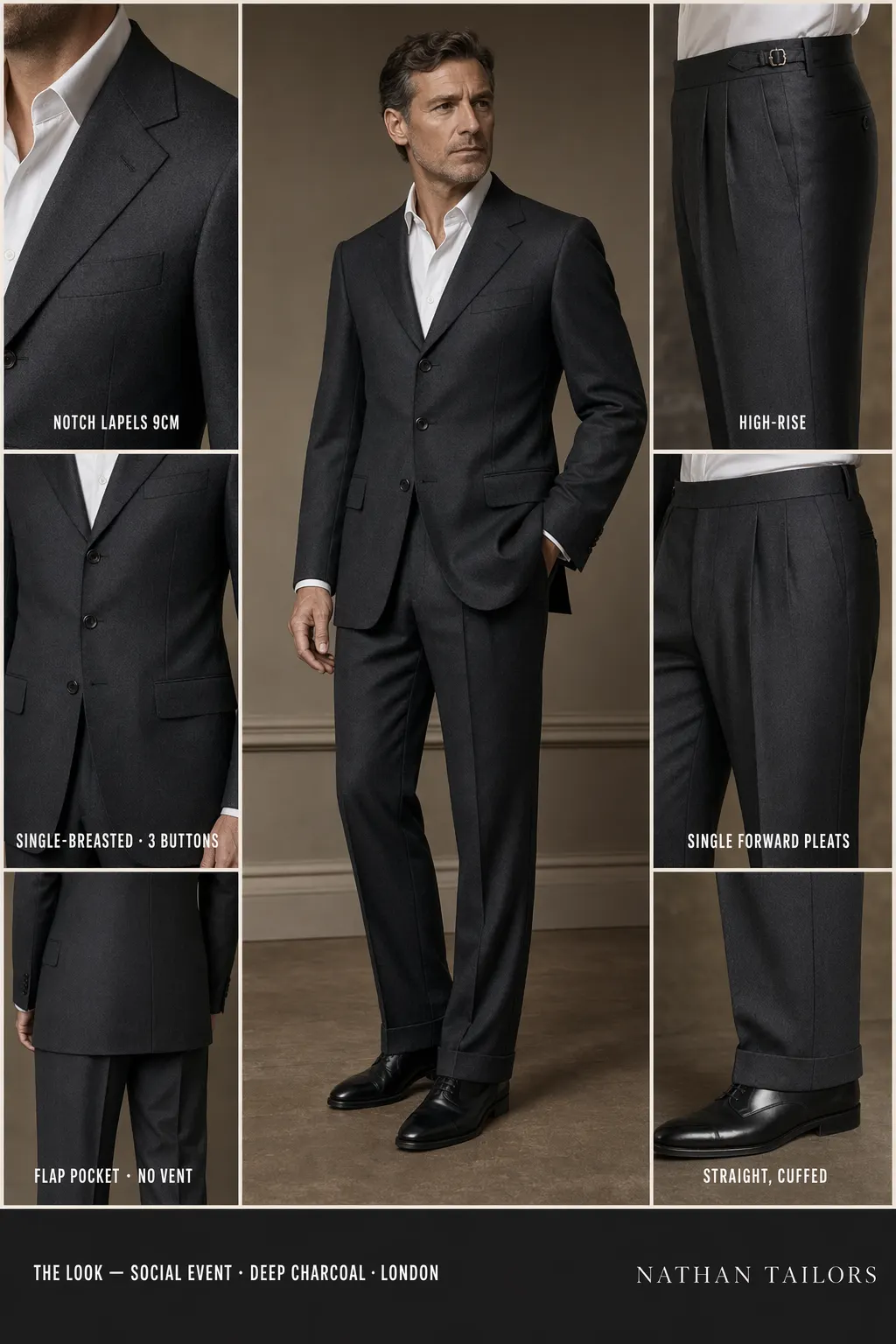 deep charcoal single-breasted notch-lapel bespoke suit — AI-rendered by Nathan Tailors, the Hoi An custom tailor. Available as a custom tailored suit from $169.