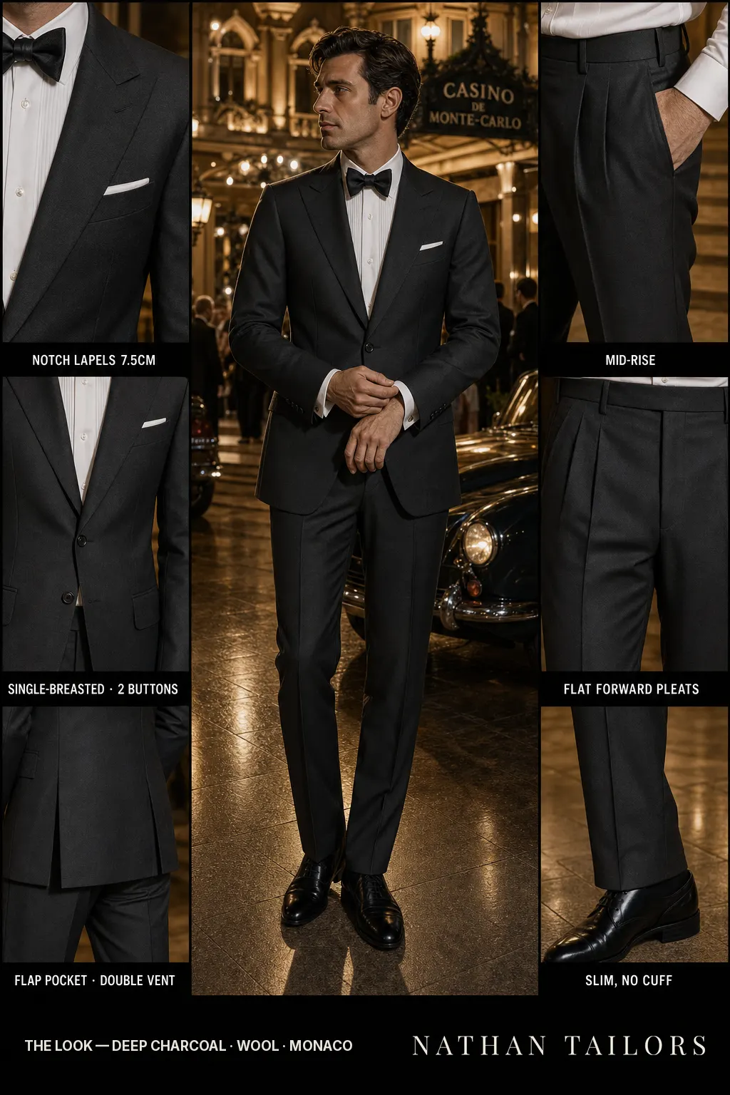 deep charcoal single-breasted notch-lapel bespoke suit — AI-rendered by Nathan Tailors, the Hoi An custom tailor. Available as a custom tailored suit from $149.