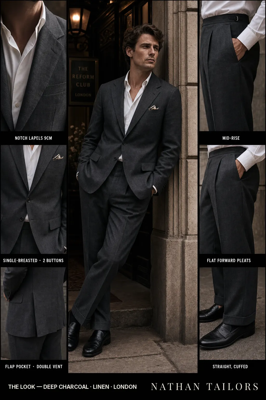 deep charcoal single-breasted notch-lapel bespoke suit โ AI-rendered by Nathan Tailors, the Hoi An custom tailor. Available as a custom tailored suit from $149.
