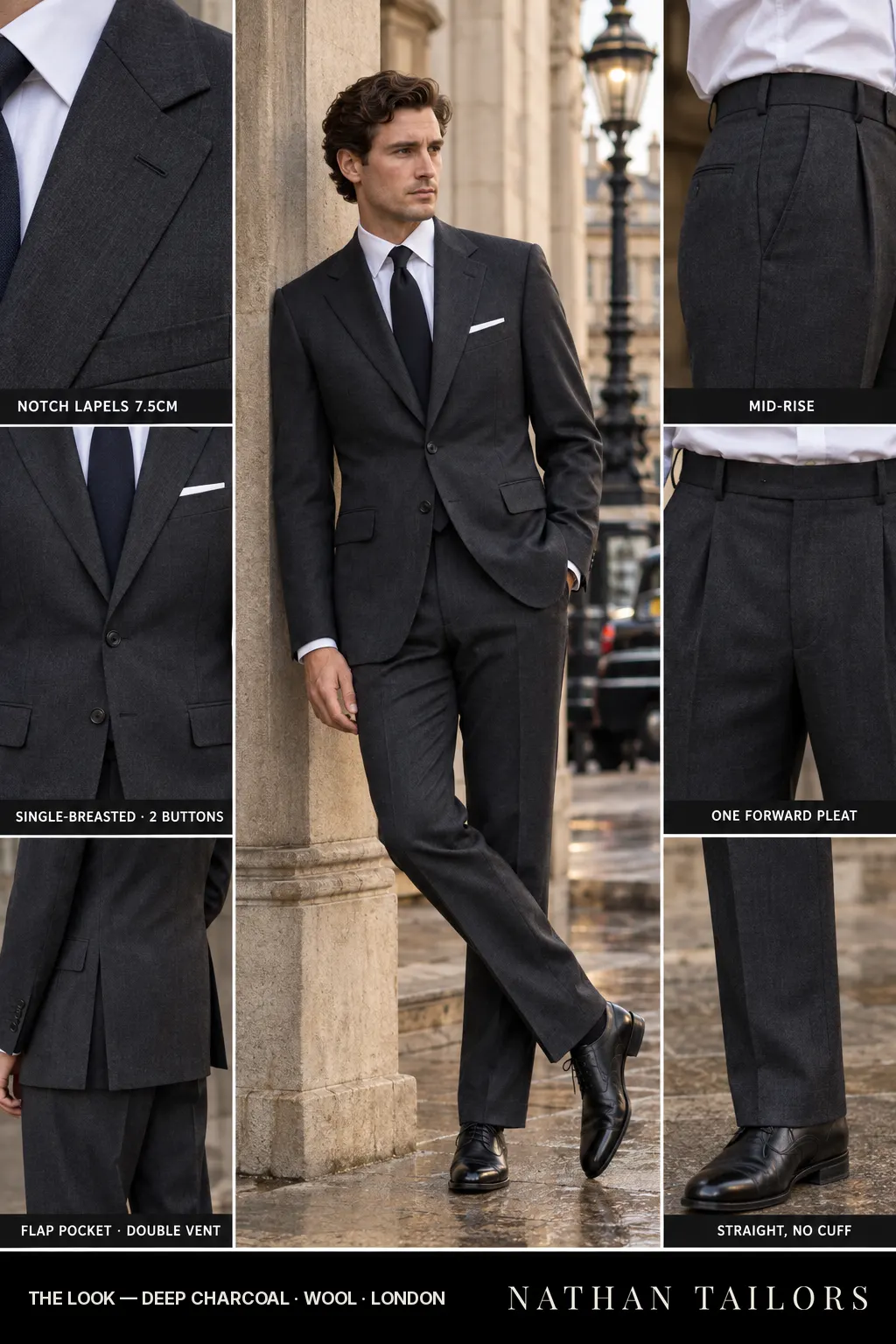 deep charcoal single-breasted bespoke suit โ custom tailored by Nathan Tailors, the Hoi An custom tailor