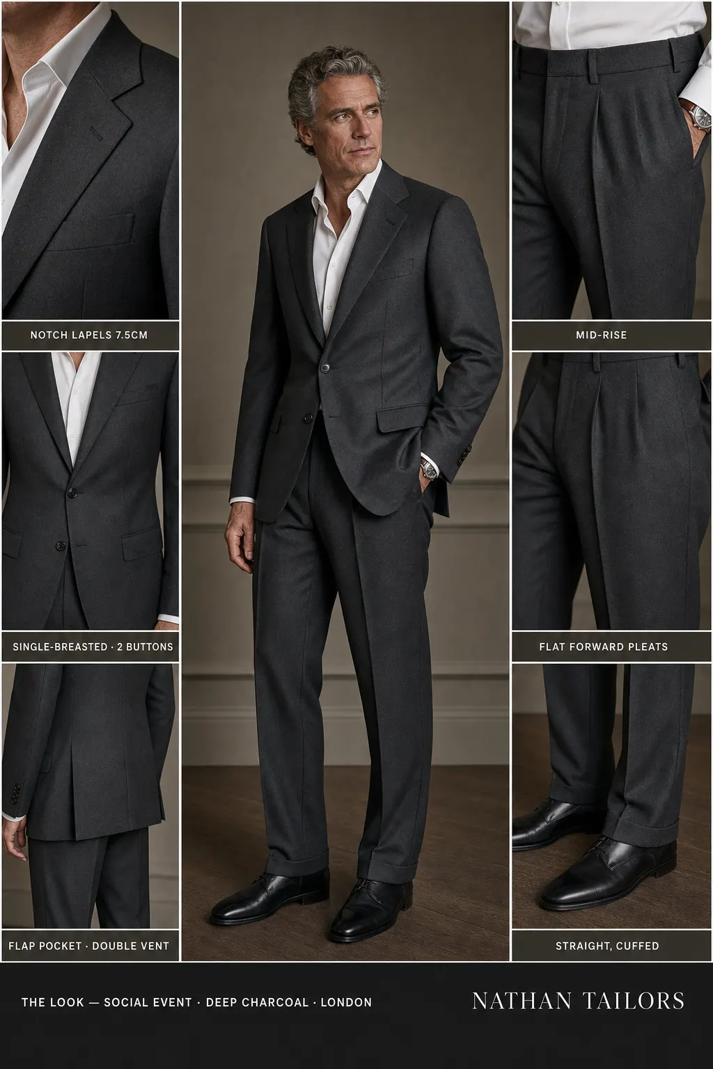 deep charcoal single-breasted notch-lapel bespoke suit — AI-rendered by Nathan Tailors, the Hoi An custom tailor. Available as a custom tailored suit from $149.