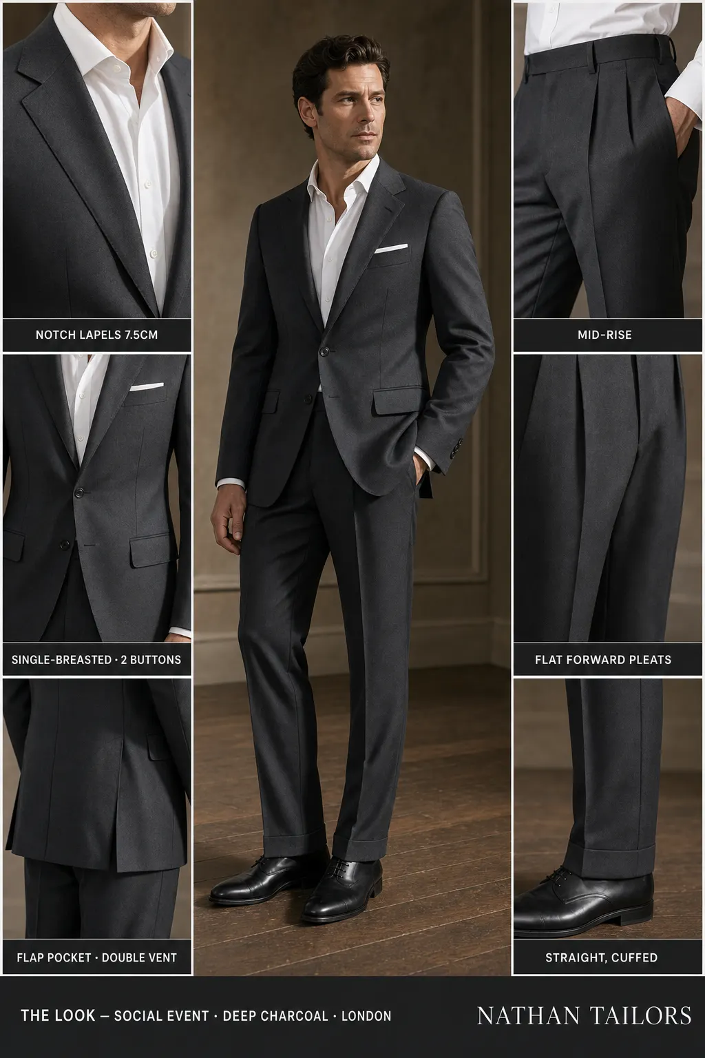 deep charcoal single-breasted notch-lapel bespoke suit — AI-rendered by Nathan Tailors, the Hoi An custom tailor. Available as a custom tailored suit from $149.
