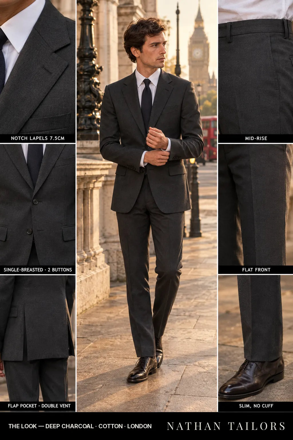deep charcoal single-breasted bespoke suit — custom tailored by Nathan Tailors, the Hoi An custom tailor