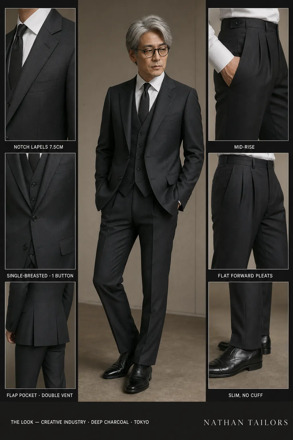 deep charcoal single-breasted notch-lapel bespoke suit — AI-rendered by Nathan Tailors, the Hoi An custom tailor. Available as a custom tailored suit from $149.