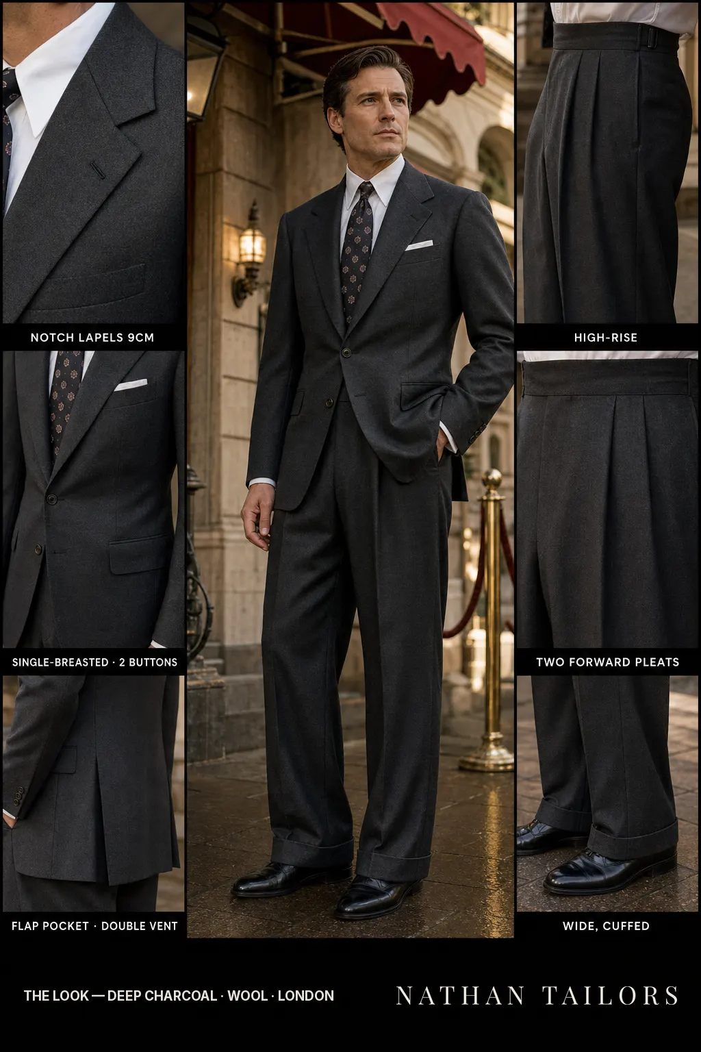 deep charcoal single-breasted notch-lapel bespoke suit โ AI-rendered by Nathan Tailors, the Hoi An custom tailor. Available as a custom tailored suit from $149.
