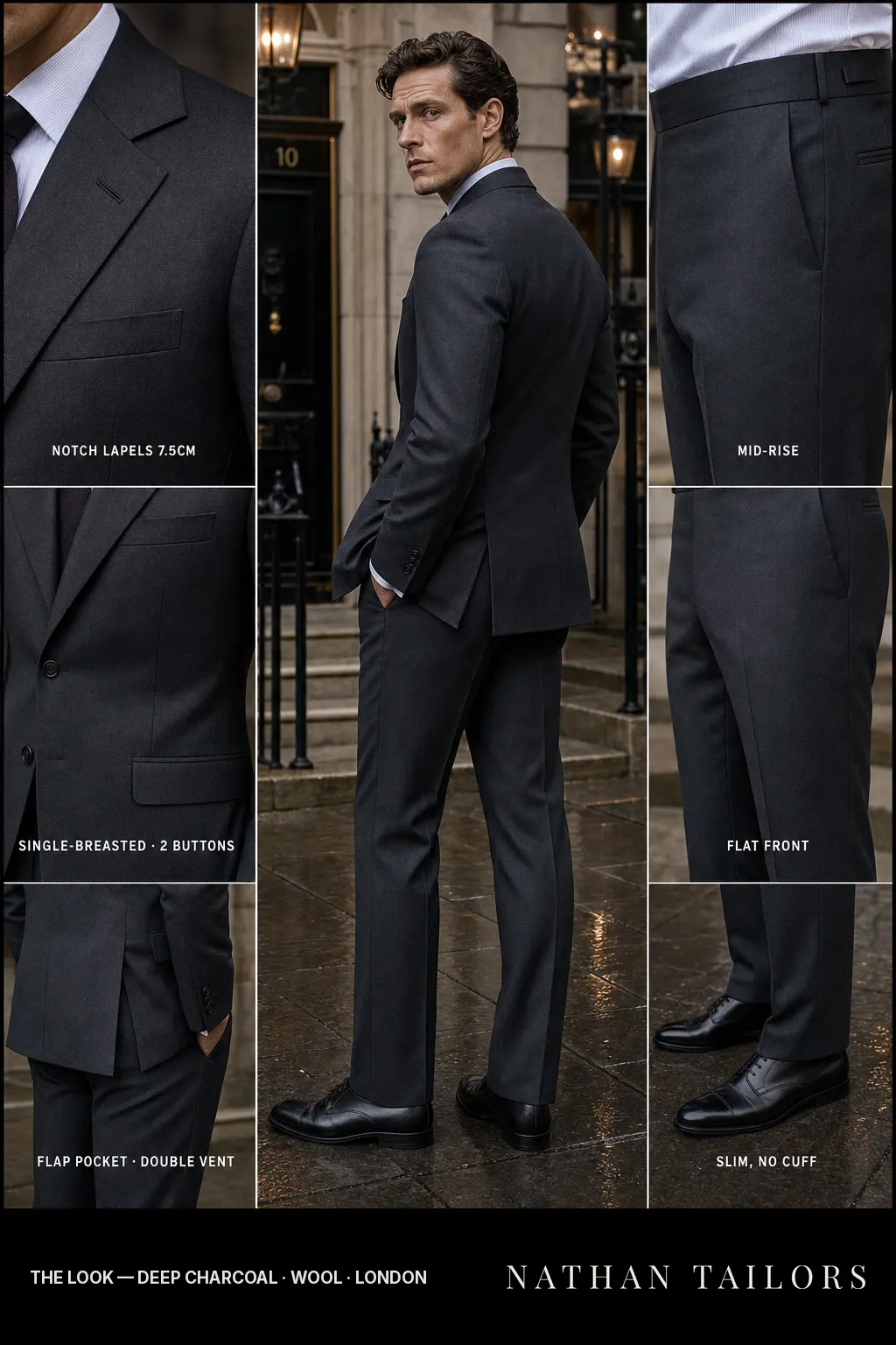 deep charcoal single-breasted notch-lapel bespoke suit — AI-rendered by Nathan Tailors, the Hoi An custom tailor. Available as a custom tailored suit from $149.