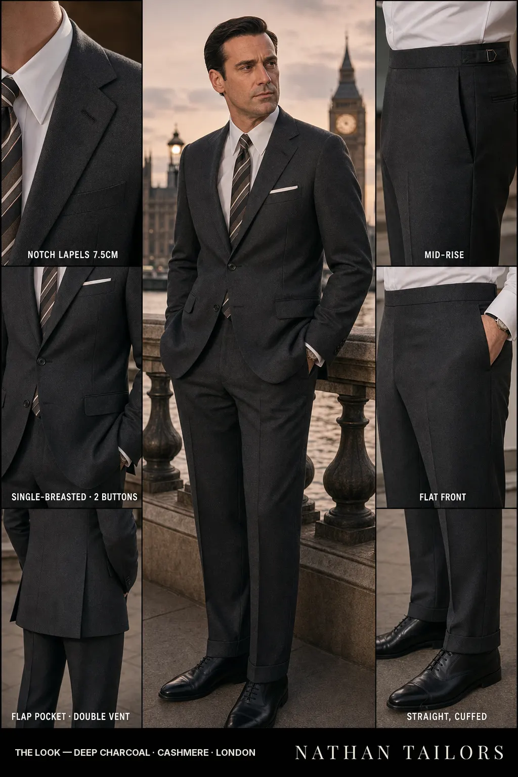 deep charcoal single-breasted bespoke suit — custom tailored by Nathan Tailors, the Hoi An custom tailor
