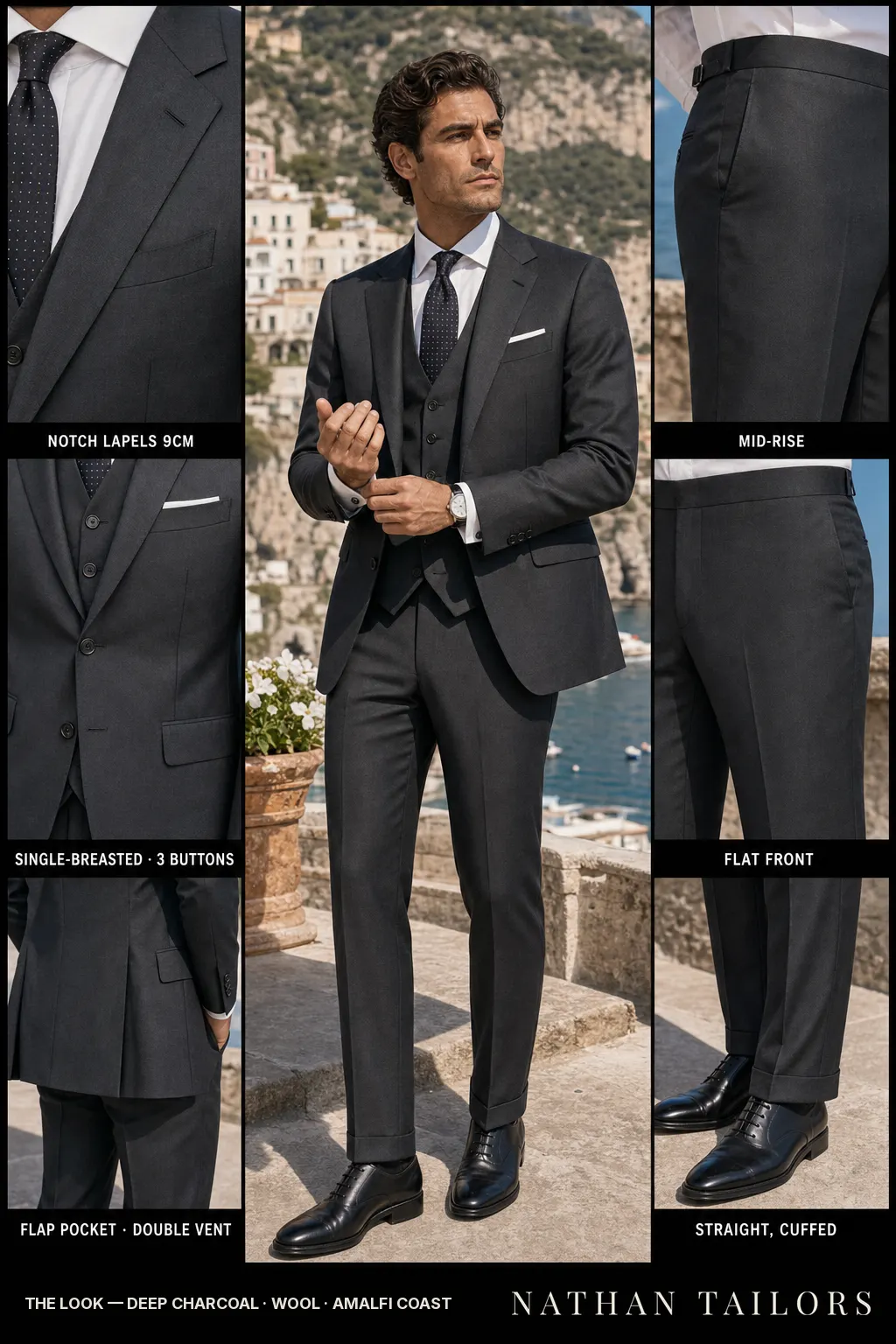 deep charcoal single-breasted bespoke suit — custom tailored by Nathan Tailors, the Hoi An custom tailor