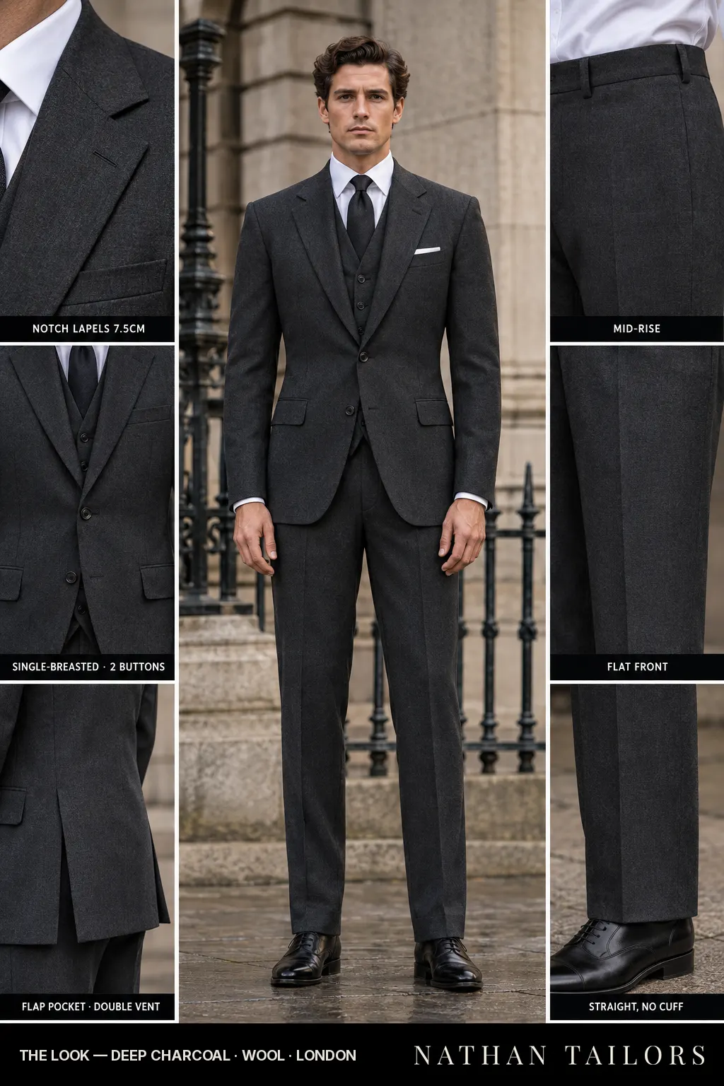 deep charcoal single-breasted notch-lapel bespoke suit — AI-rendered by Nathan Tailors, the Hoi An custom tailor. Available as a custom tailored suit from $149.
