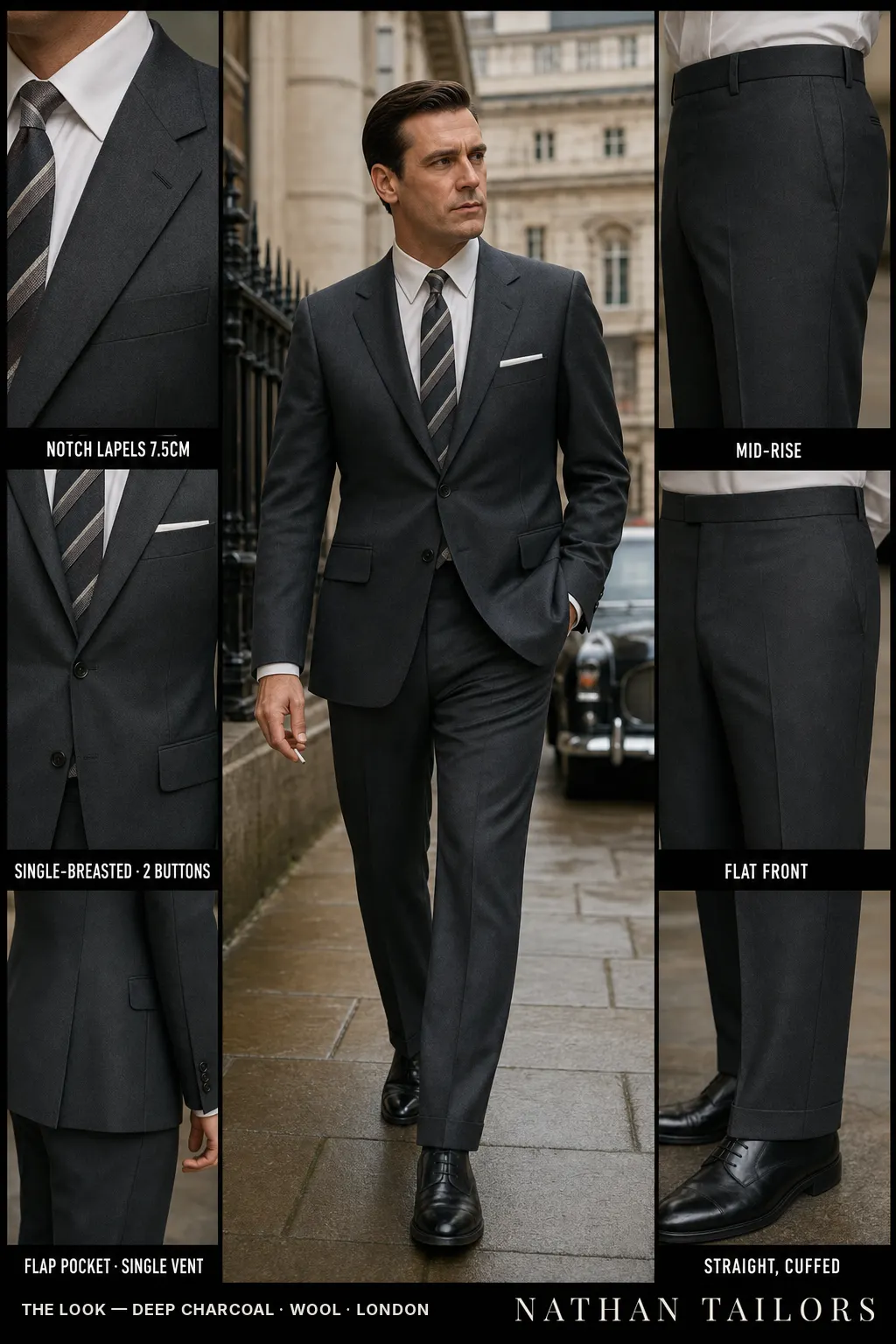 deep charcoal single-breasted notch-lapel bespoke suit — AI-rendered by Nathan Tailors, the Hoi An custom tailor. Available as a custom tailored suit from $149.