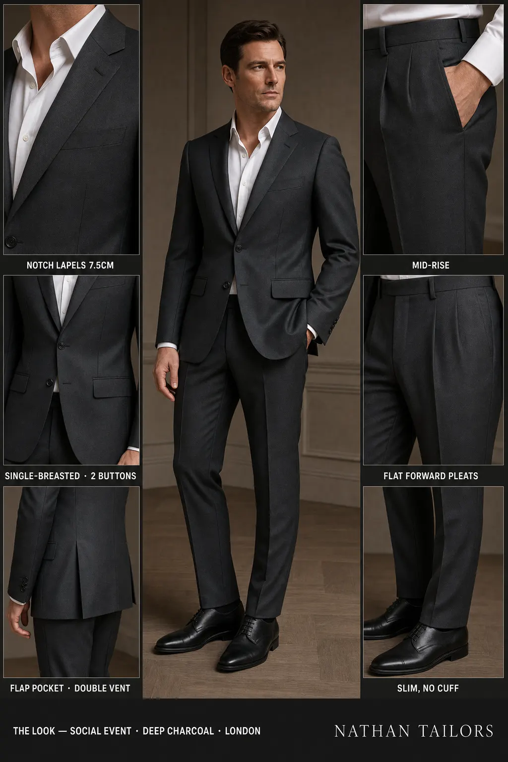 deep charcoal single-breasted notch-lapel bespoke suit โ AI-rendered by Nathan Tailors, the Hoi An custom tailor. Available as a custom tailored suit from $149.