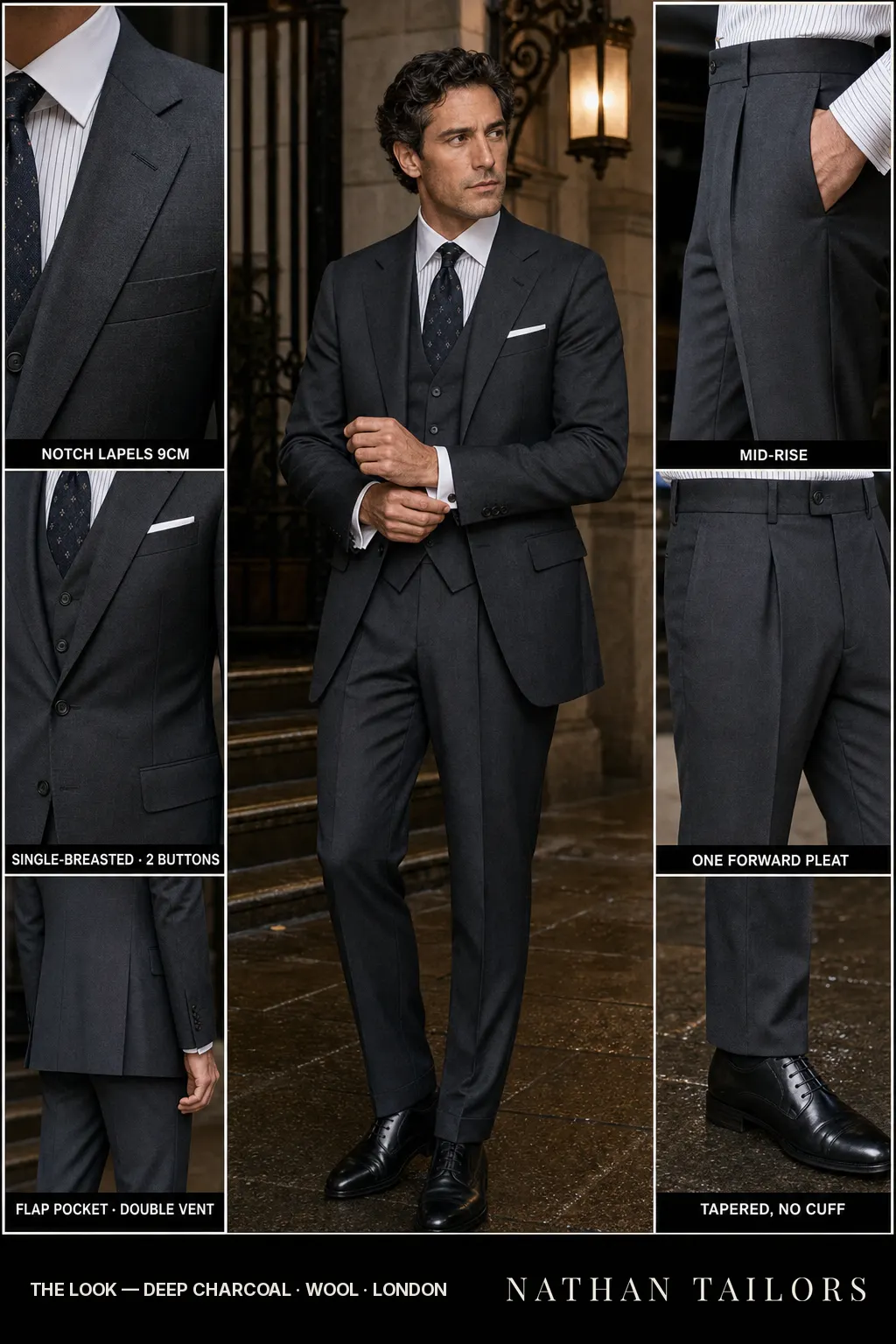 deep charcoal single-breasted bespoke suit — custom tailored by Nathan Tailors, the Hoi An custom tailor