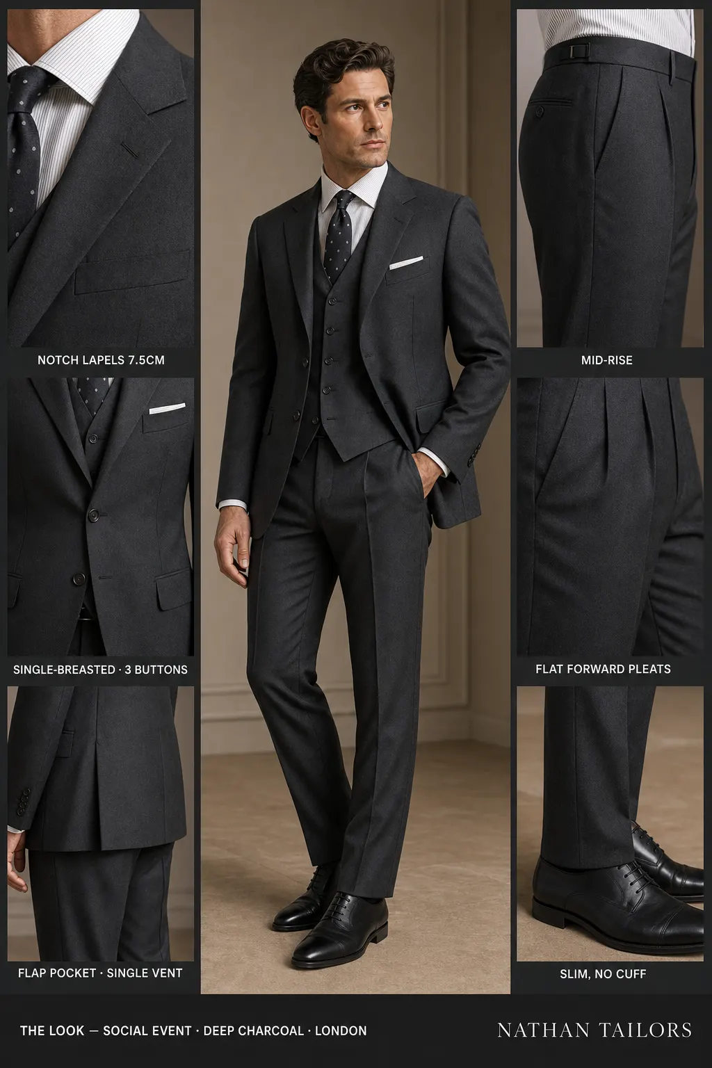 deep charcoal single-breasted notch-lapel bespoke suit — AI-rendered by Nathan Tailors, the Hoi An custom tailor. Available as a custom tailored suit from $149.