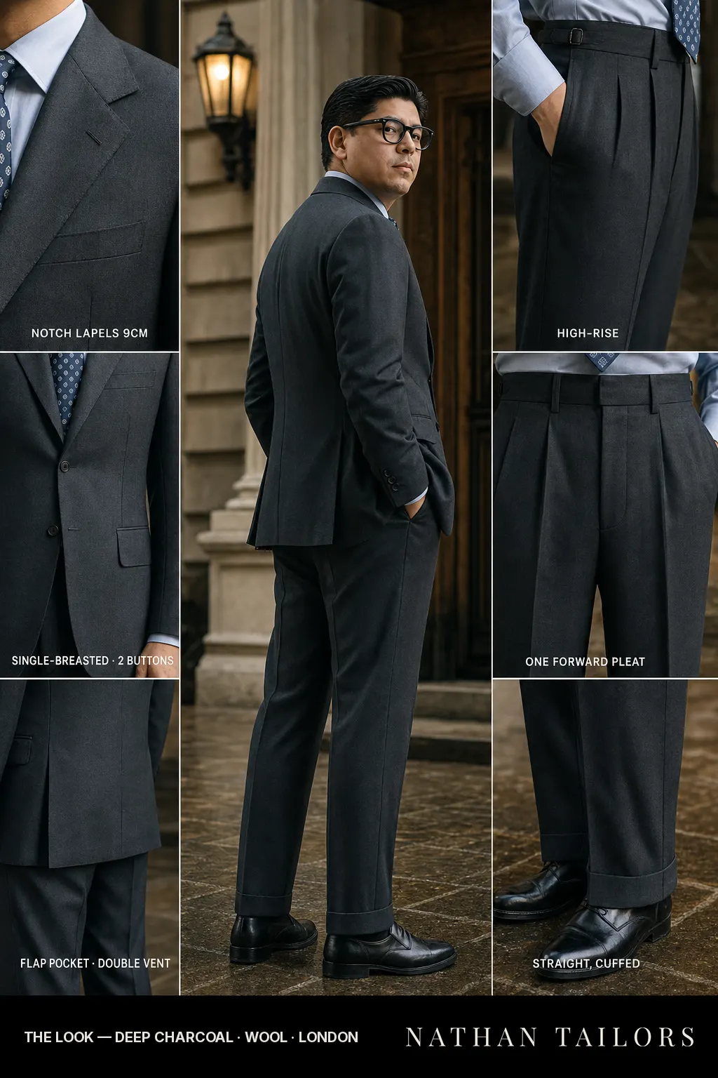 deep charcoal single-breasted notch-lapel bespoke suit — AI-rendered by Nathan Tailors, the Hoi An custom tailor. Available as a custom tailored suit from $149.