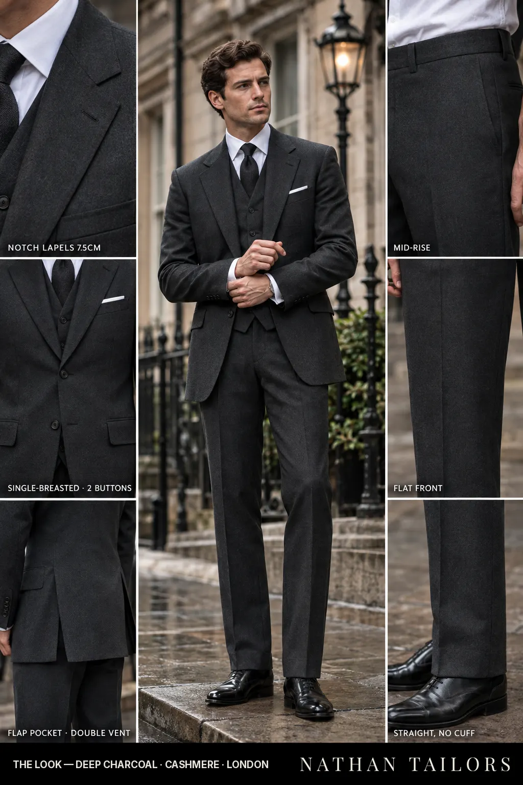 deep charcoal single-breasted bespoke suit โ custom tailored by Nathan Tailors, the Hoi An custom tailor