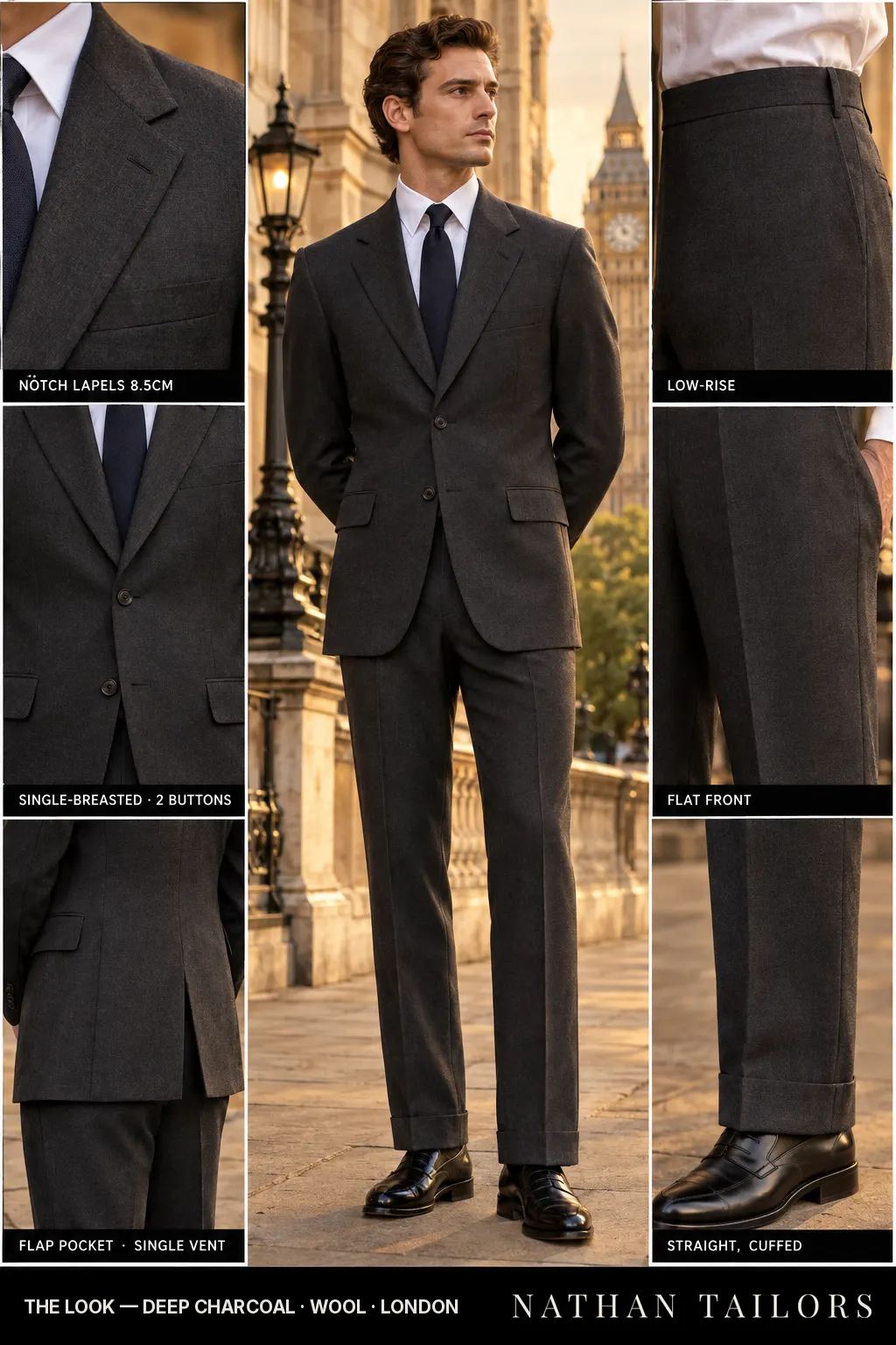 deep charcoal single-breasted notch-lapel bespoke suit โ AI-rendered by Nathan Tailors, the Hoi An custom tailor. Available as a custom tailored suit from $149.