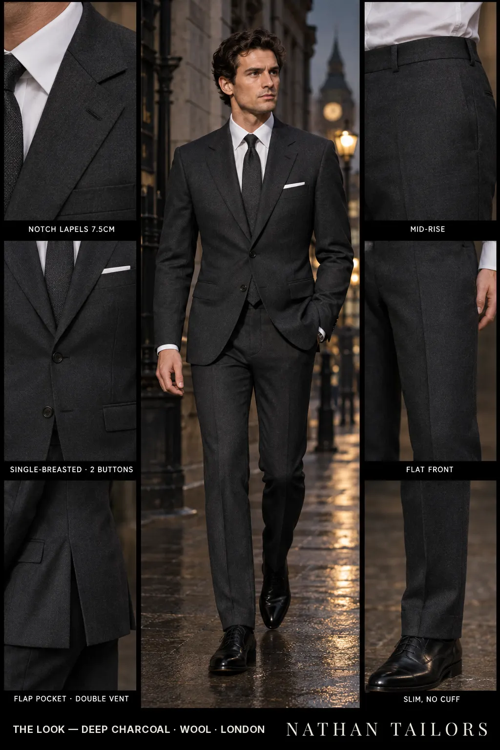 deep charcoal single-breasted notch-lapel bespoke suit โ AI-rendered by Nathan Tailors, the Hoi An custom tailor. Available as a custom tailored suit from $149.