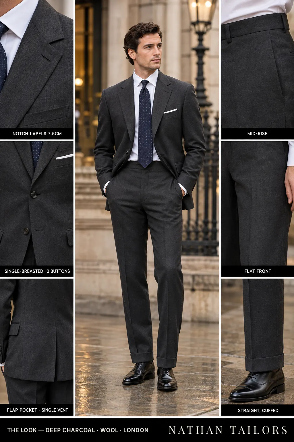 deep charcoal single-breasted notch-lapel bespoke suit โ AI-rendered by Nathan Tailors, the Hoi An custom tailor. Available as a custom tailored suit from $149.