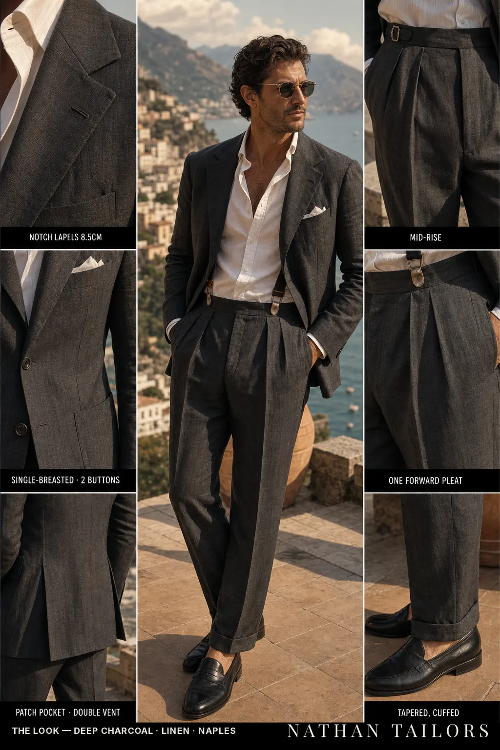 deep charcoal single-breasted notch-lapel bespoke suit — AI-rendered by Nathan Tailors, the Hoi An custom tailor. Available as a custom tailored suit from $149.