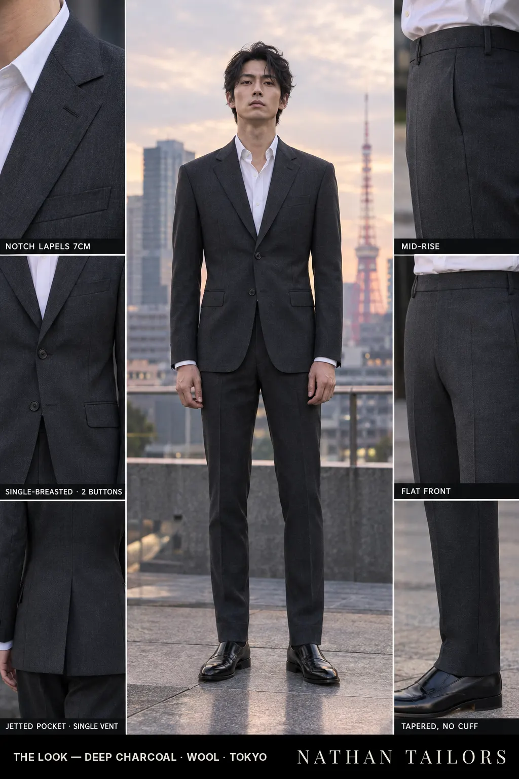 deep charcoal single-breasted bespoke suit — custom tailored by Nathan Tailors, the Hoi An custom tailor