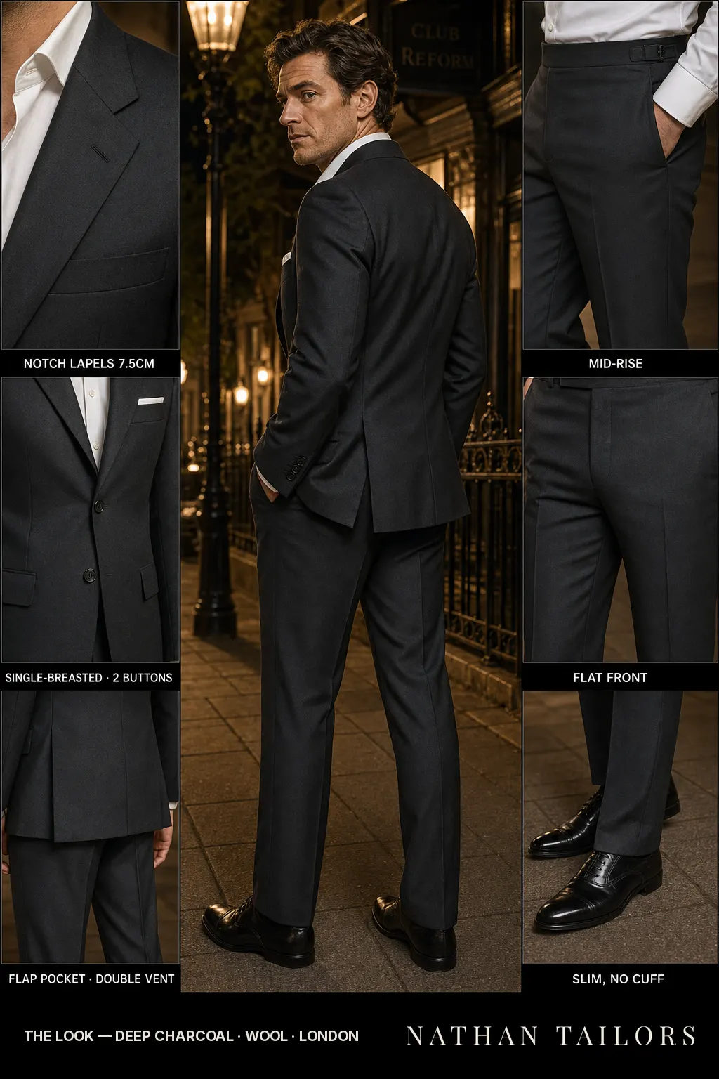 deep charcoal single-breasted notch-lapel bespoke suit — AI-rendered by Nathan Tailors, the Hoi An custom tailor. Available as a custom tailored suit from $149.