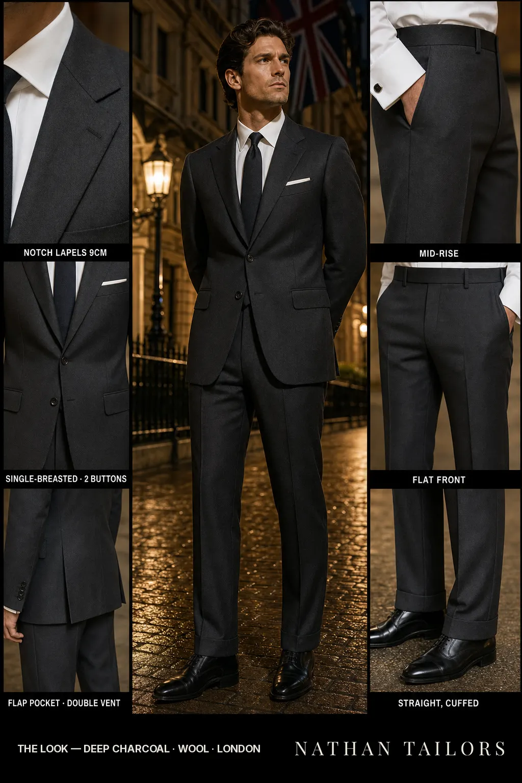 deep charcoal single-breasted notch-lapel bespoke suit โ AI-rendered by Nathan Tailors, the Hoi An custom tailor. Available as a custom tailored suit from $149.