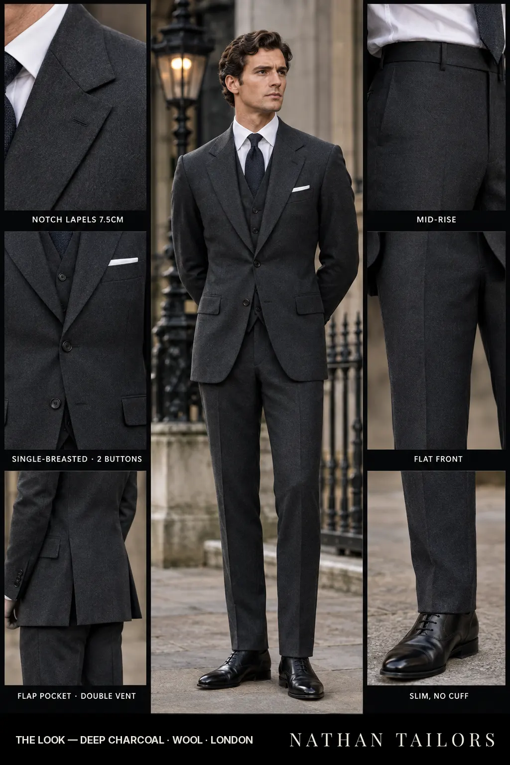 deep charcoal single-breasted notch-lapel bespoke suit โ AI-rendered by Nathan Tailors, the Hoi An custom tailor. Available as a custom tailored suit from $149.