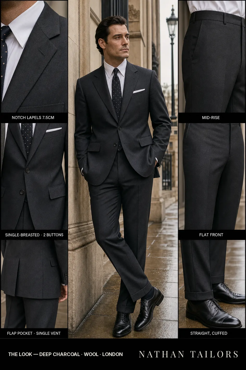 deep charcoal single-breasted bespoke suit โ custom tailored by Nathan Tailors, the Hoi An custom tailor
