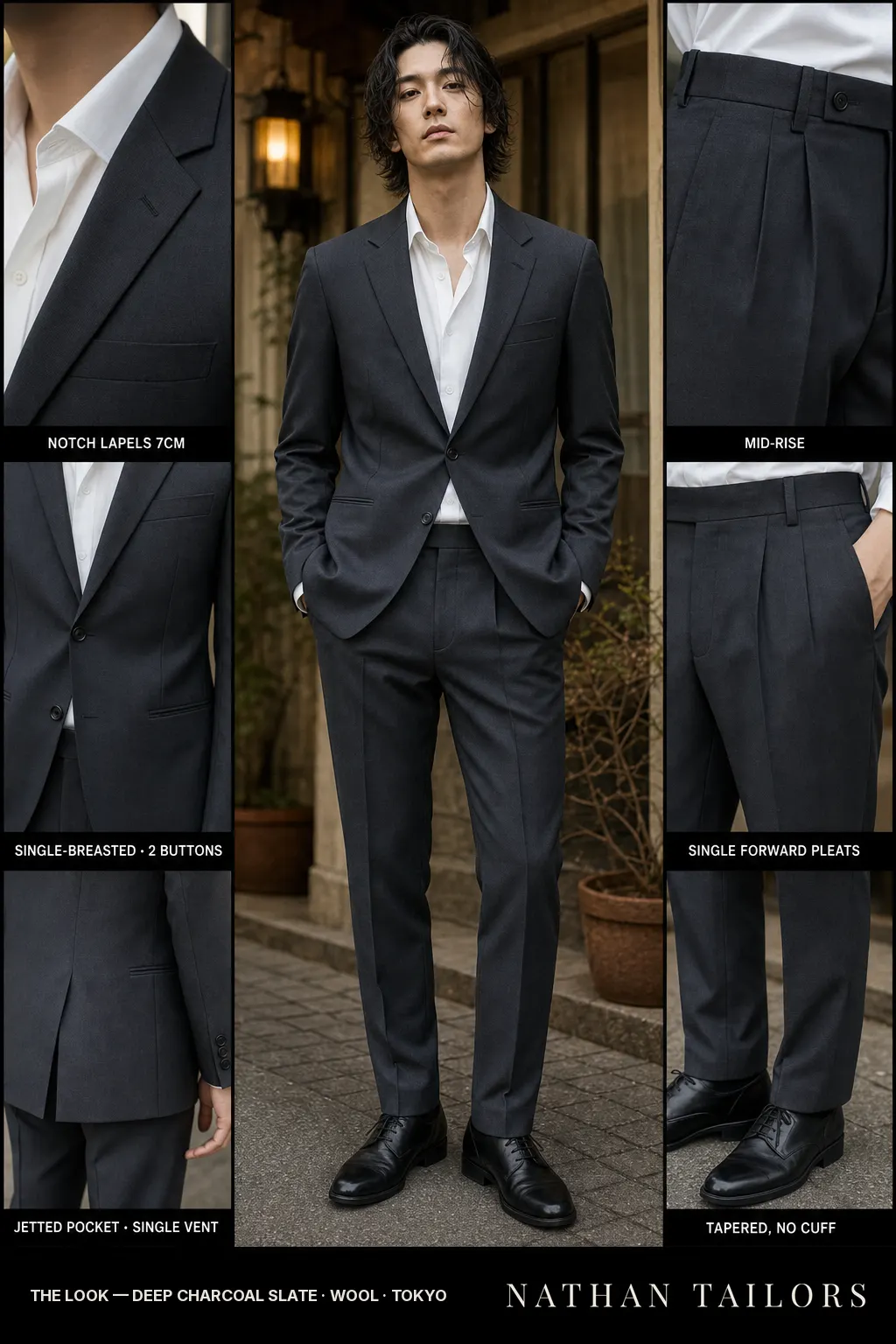 deep charcoal slate single-breasted notch-lapel bespoke suit — AI-rendered by Nathan Tailors, the Hoi An custom tailor. Available as a custom tailored suit from $149.