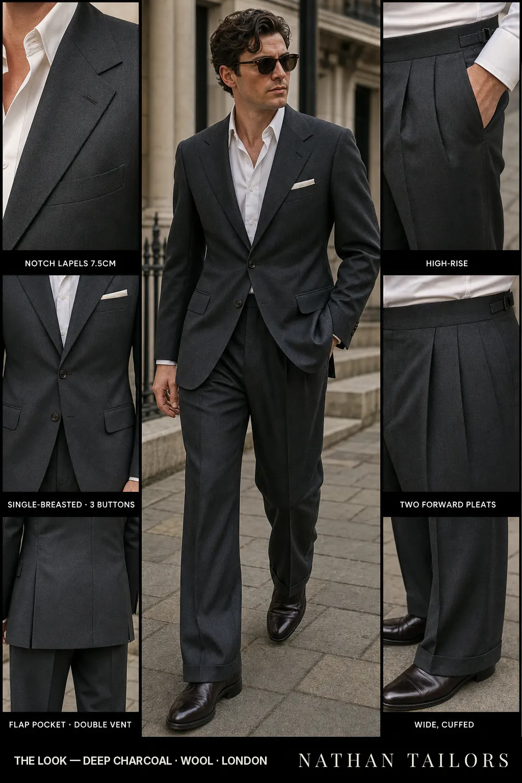 deep charcoal single-breasted notch-lapel bespoke suit โ AI-rendered by Nathan Tailors, the Hoi An custom tailor. Available as a custom tailored suit from $149.