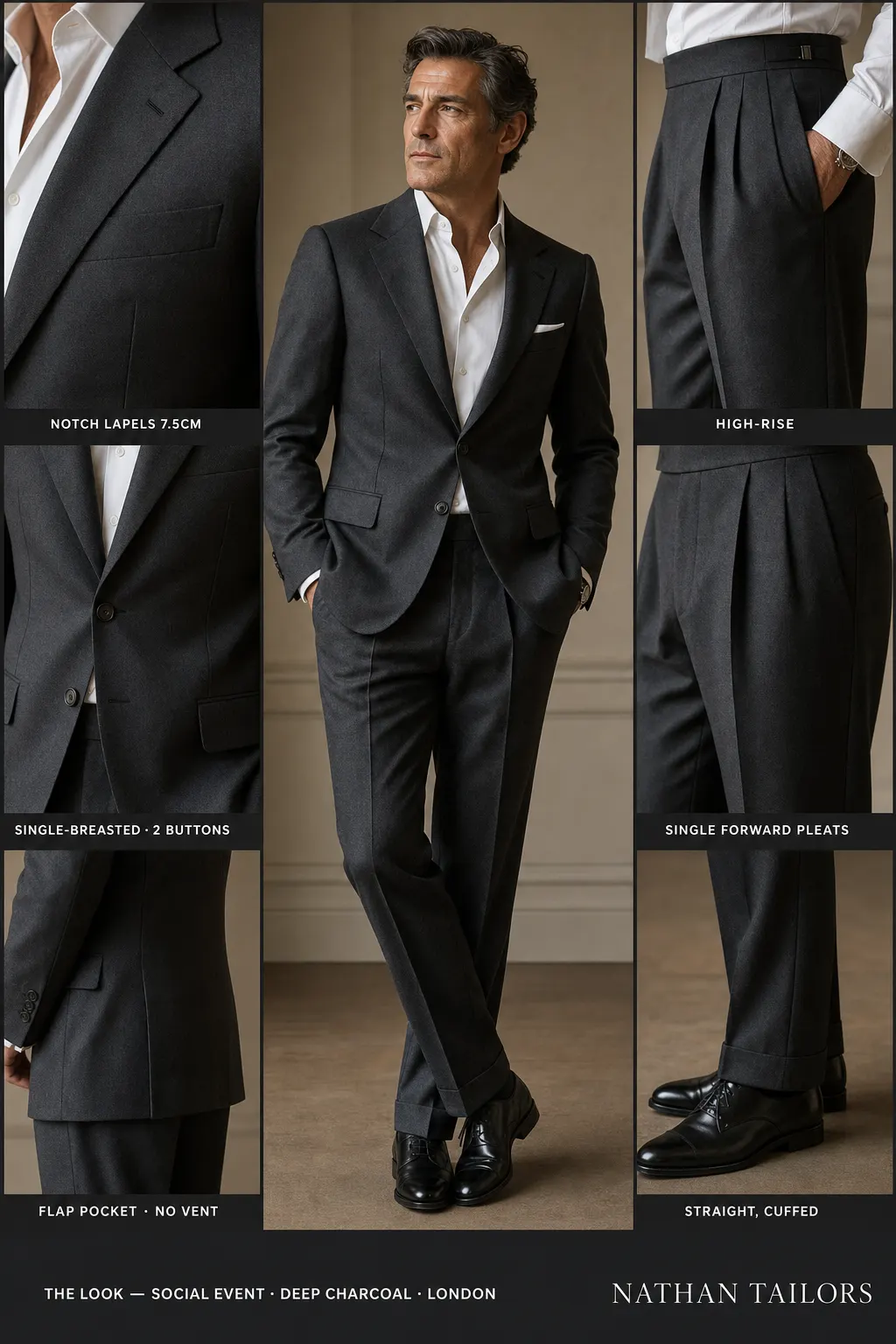 deep charcoal single-breasted notch-lapel bespoke suit โ AI-rendered by Nathan Tailors, the Hoi An custom tailor. Available as a custom tailored suit from $149.