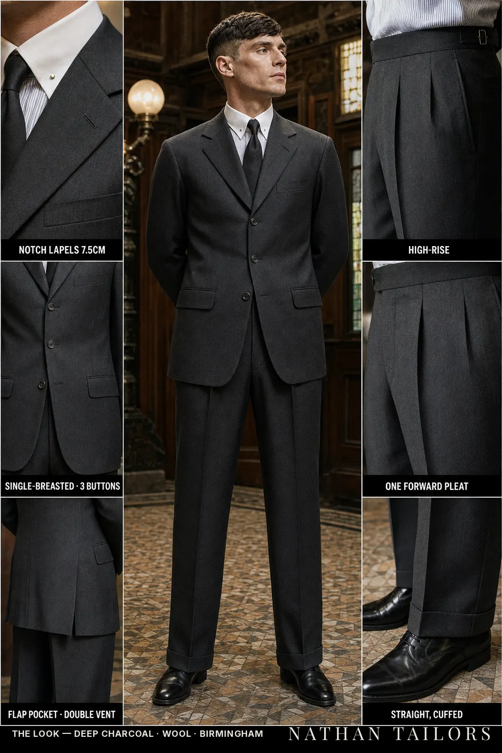 deep charcoal single-breasted bespoke suit — custom tailored by Nathan Tailors, the Hoi An custom tailor
