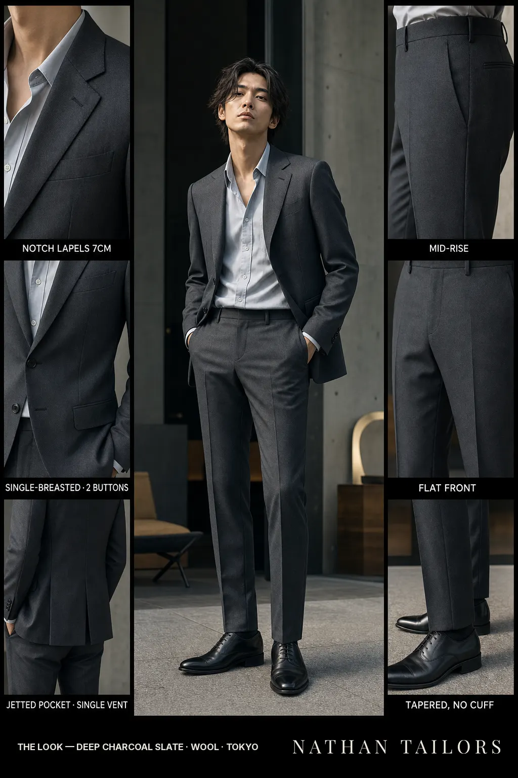 deep charcoal slate single-breasted notch-lapel bespoke suit โ AI-rendered by Nathan Tailors, the Hoi An custom tailor. Available as a custom tailored suit from $149.
