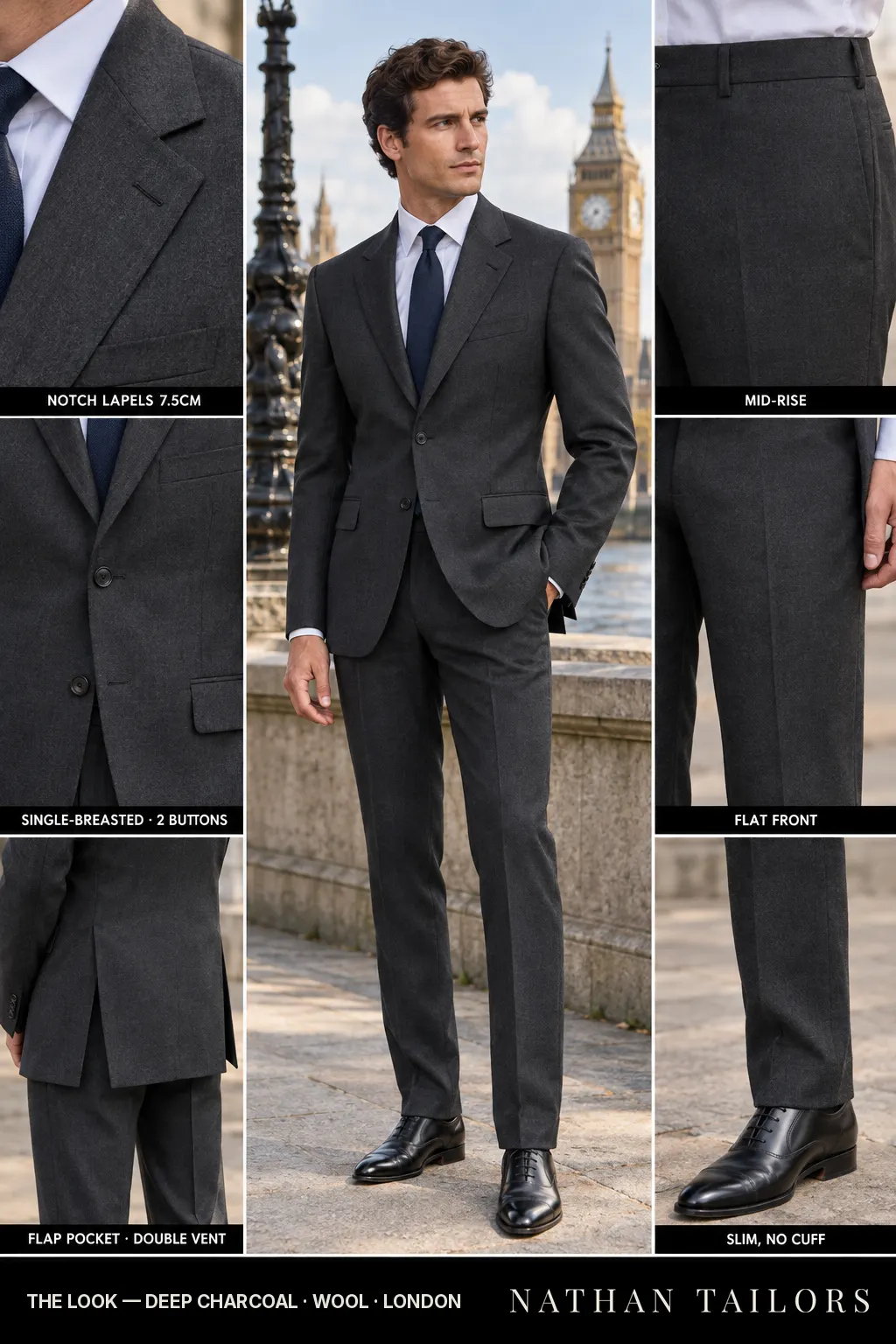 deep charcoal single-breasted bespoke suit — custom tailored by Nathan Tailors, the Hoi An custom tailor