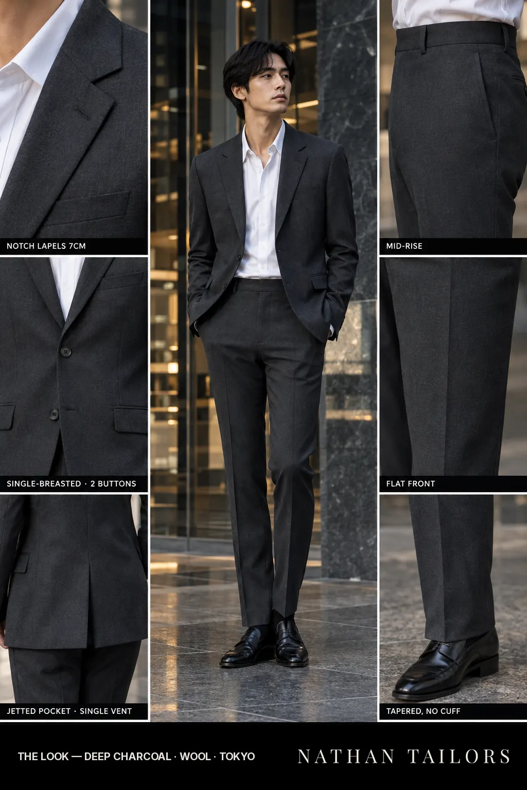 deep charcoal single-breasted bespoke suit — custom tailored by Nathan Tailors, the Hoi An custom tailor