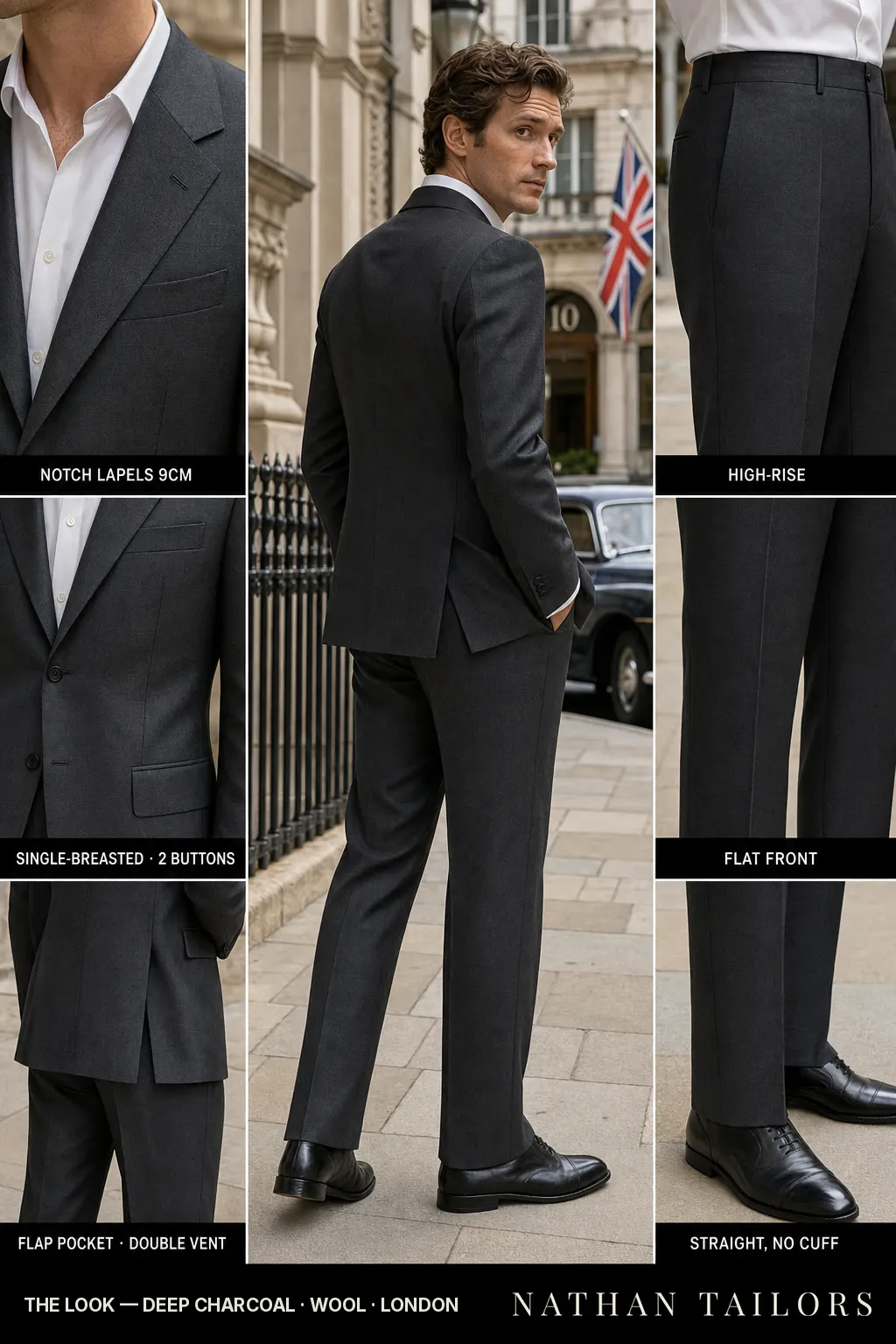 deep charcoal single-breasted notch-lapel bespoke suit โ AI-rendered by Nathan Tailors, the Hoi An custom tailor. Available as a custom tailored suit from $149.