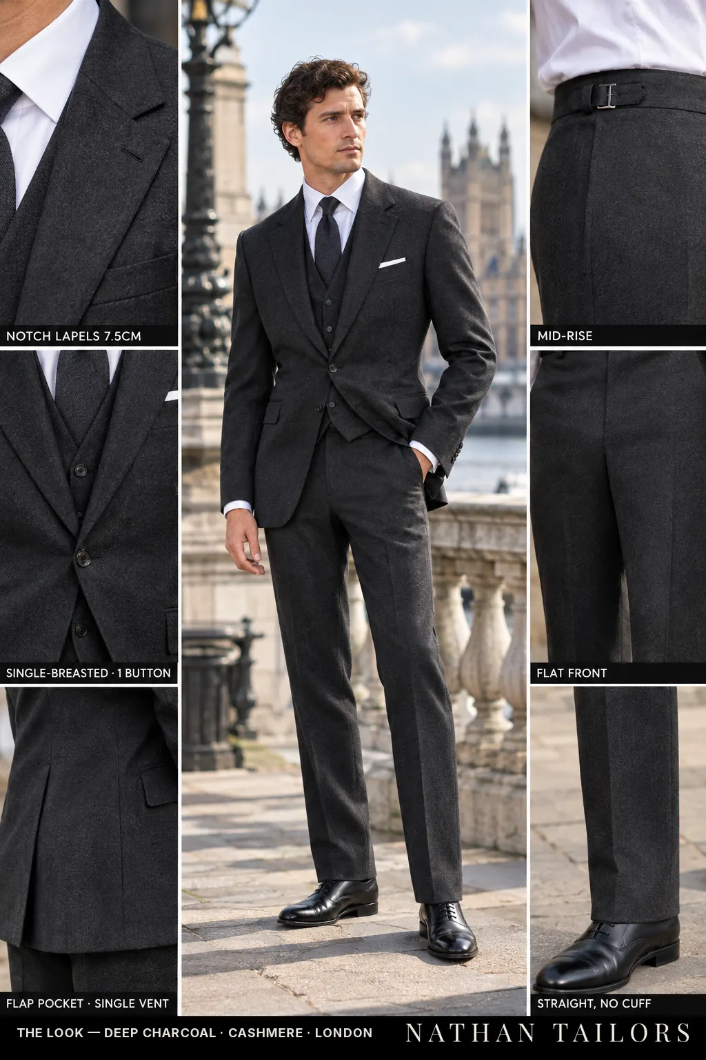 deep charcoal single-breasted bespoke suit โ custom tailored by Nathan Tailors, the Hoi An custom tailor