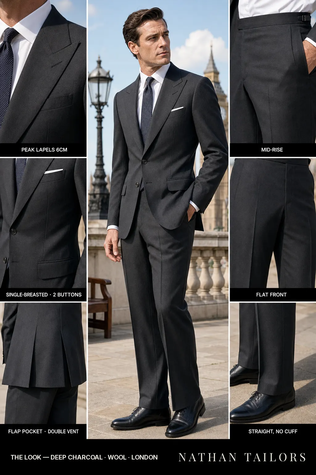 deep charcoal single-breasted peak-lapel bespoke suit — AI-rendered by Nathan Tailors, the Hoi An custom tailor. Available as a custom tailored suit from $149.