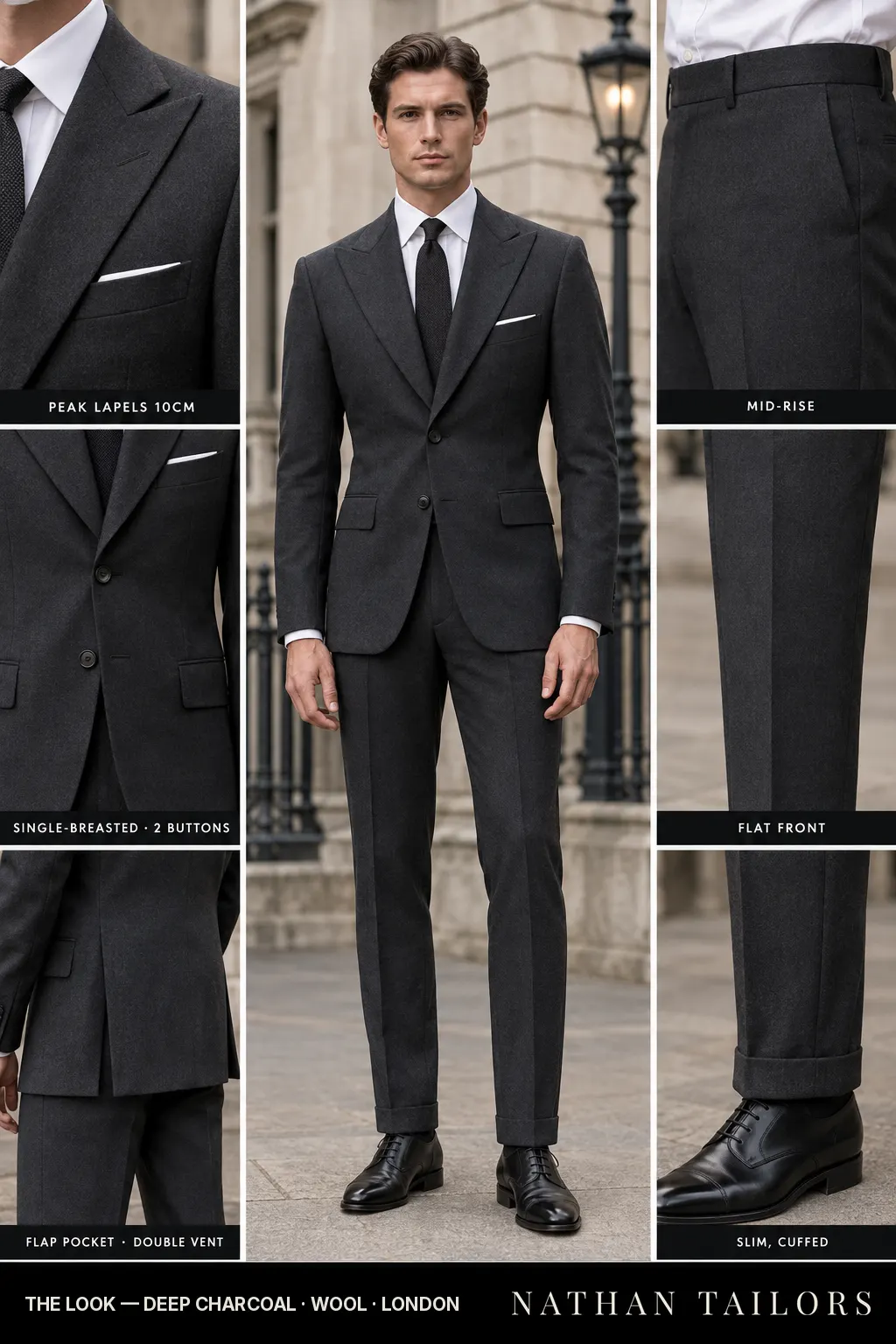 deep charcoal single-breasted bespoke suit โ custom tailored by Nathan Tailors, the Hoi An custom tailor