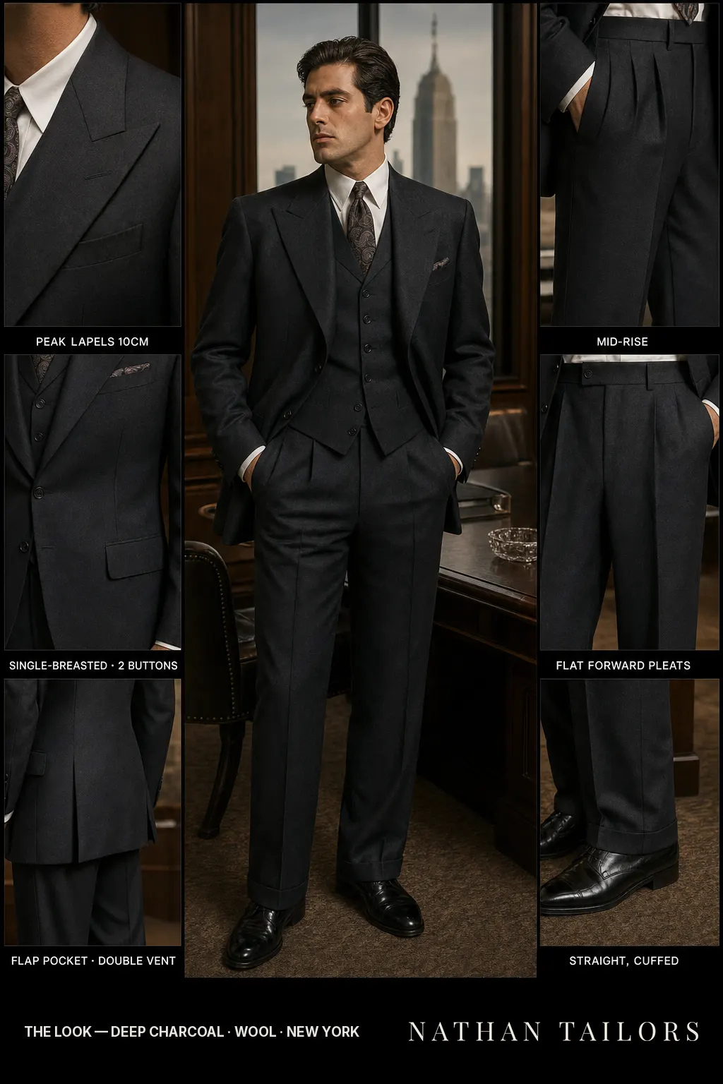 deep charcoal single-breasted peak-lapel bespoke suit — AI-rendered by Nathan Tailors, the Hoi An custom tailor. Available as a custom tailored suit from $149.