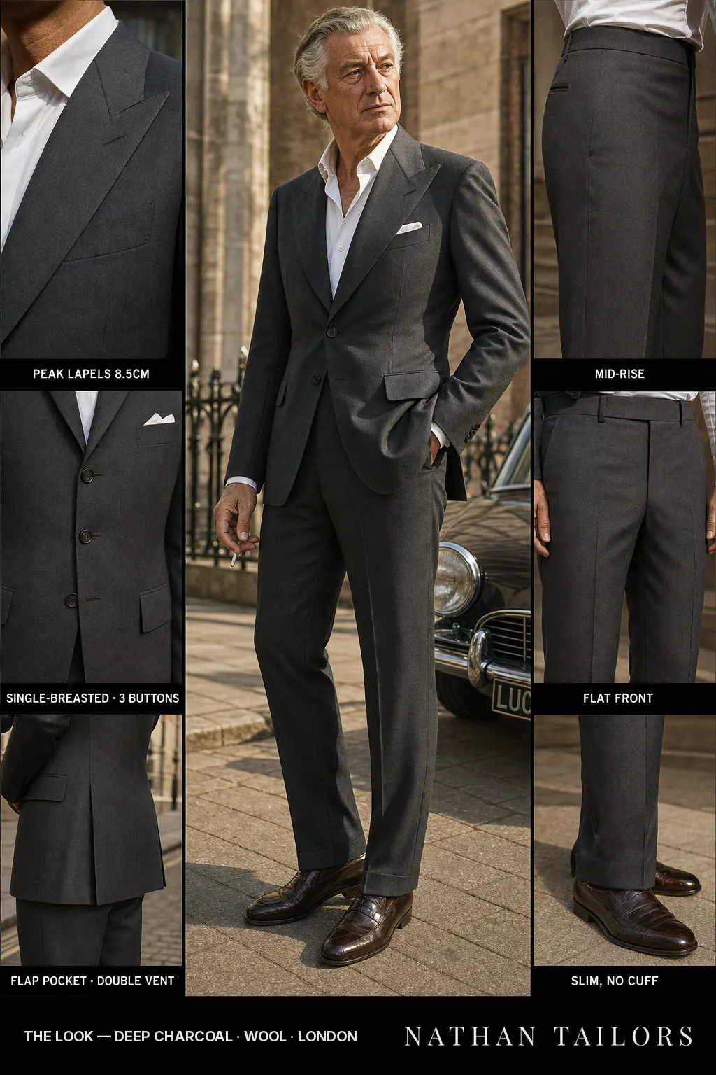 deep charcoal single-breasted peak-lapel bespoke suit โ AI-rendered by Nathan Tailors, the Hoi An custom tailor. Available as a custom tailored suit from $149.