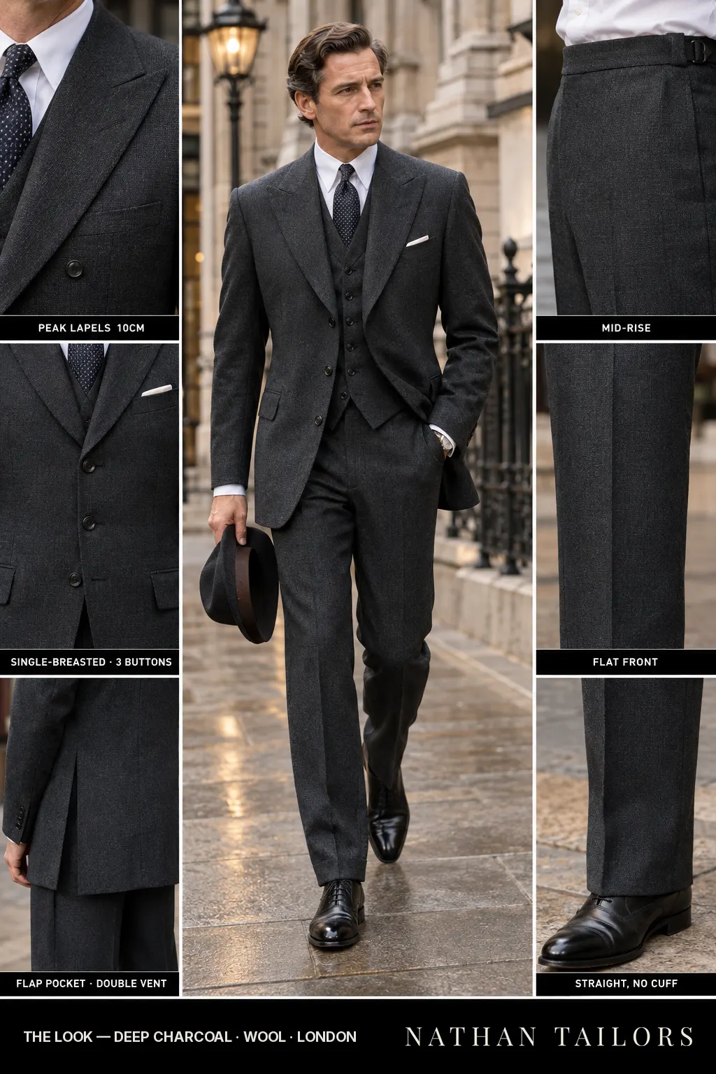 deep charcoal single-breasted bespoke suit — custom tailored by Nathan Tailors, the Hoi An custom tailor