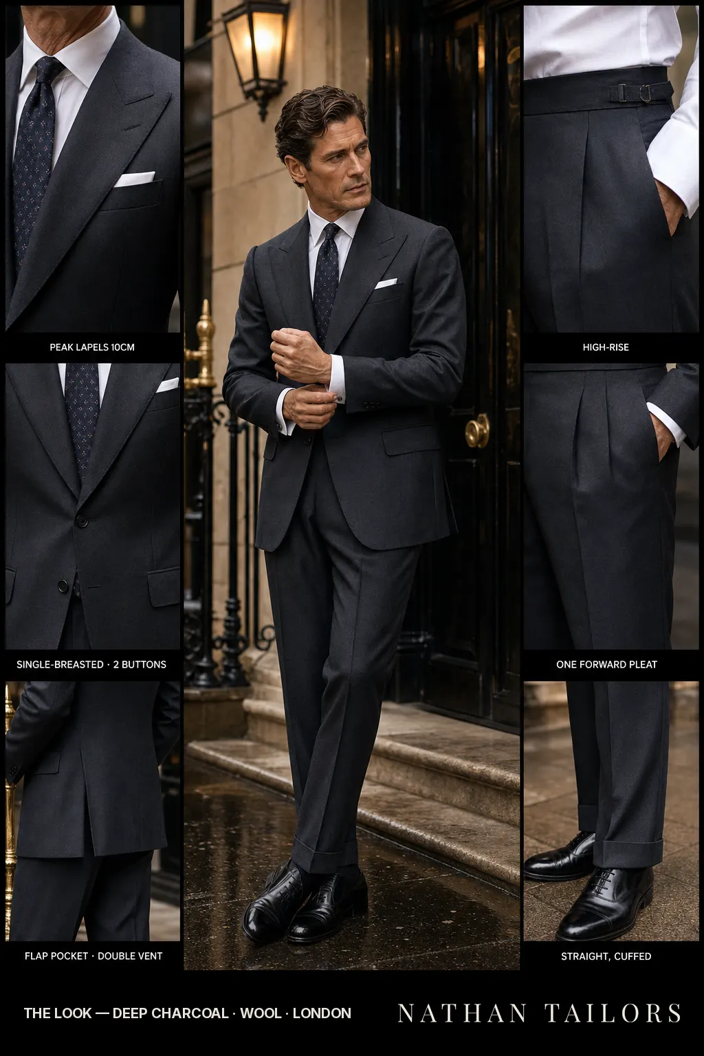 deep charcoal single-breasted peak-lapel bespoke suit โ AI-rendered by Nathan Tailors, the Hoi An custom tailor. Available as a custom tailored suit from $149.