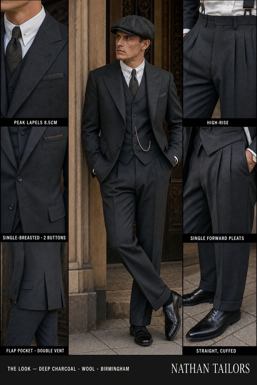 deep charcoal single-breasted peak-lapel bespoke suit — AI-rendered by Nathan Tailors, the Hoi An custom tailor. Available as a custom tailored suit from $149.