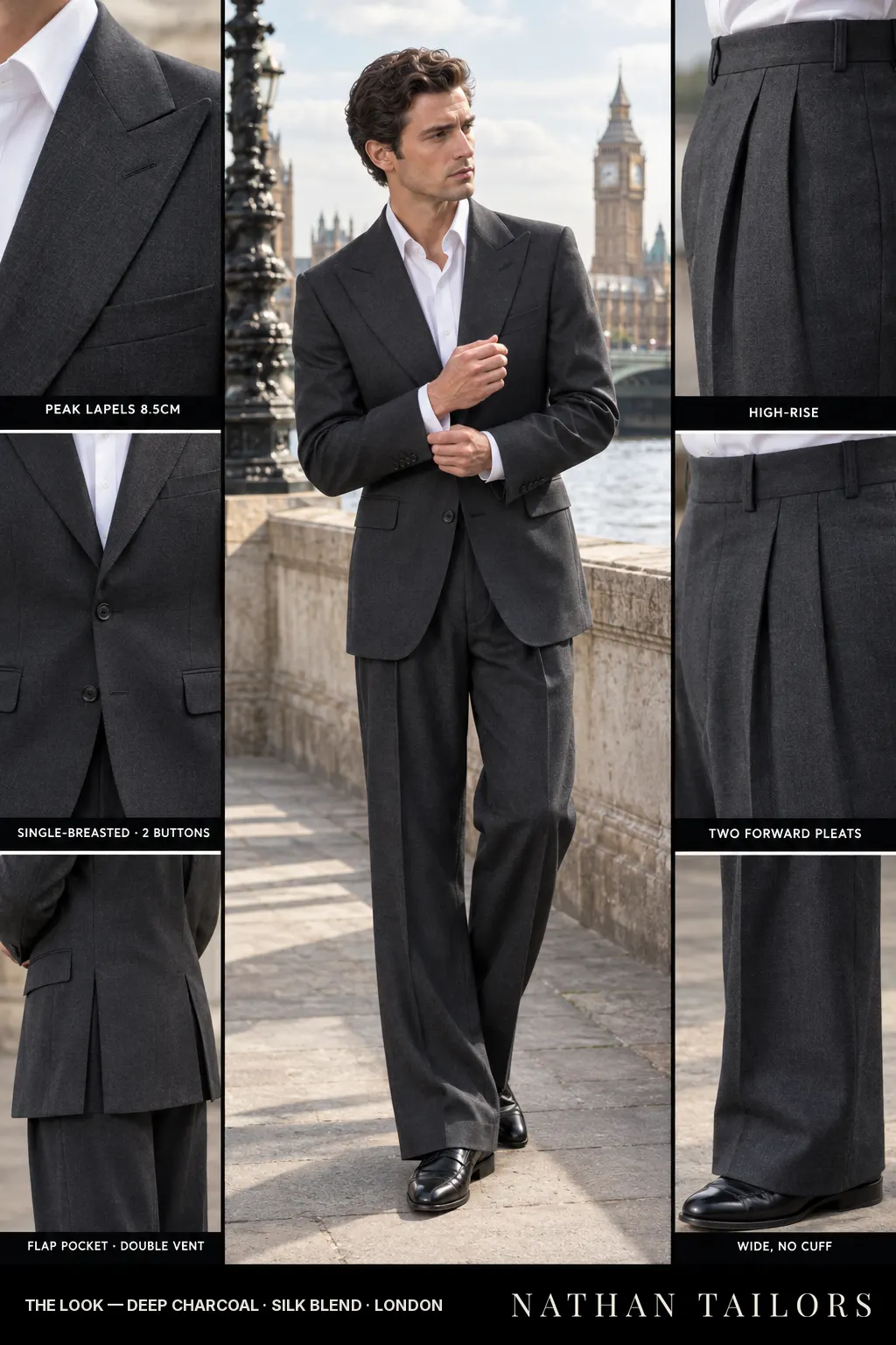 deep charcoal single-breasted bespoke suit โ custom tailored by Nathan Tailors, the Hoi An custom tailor