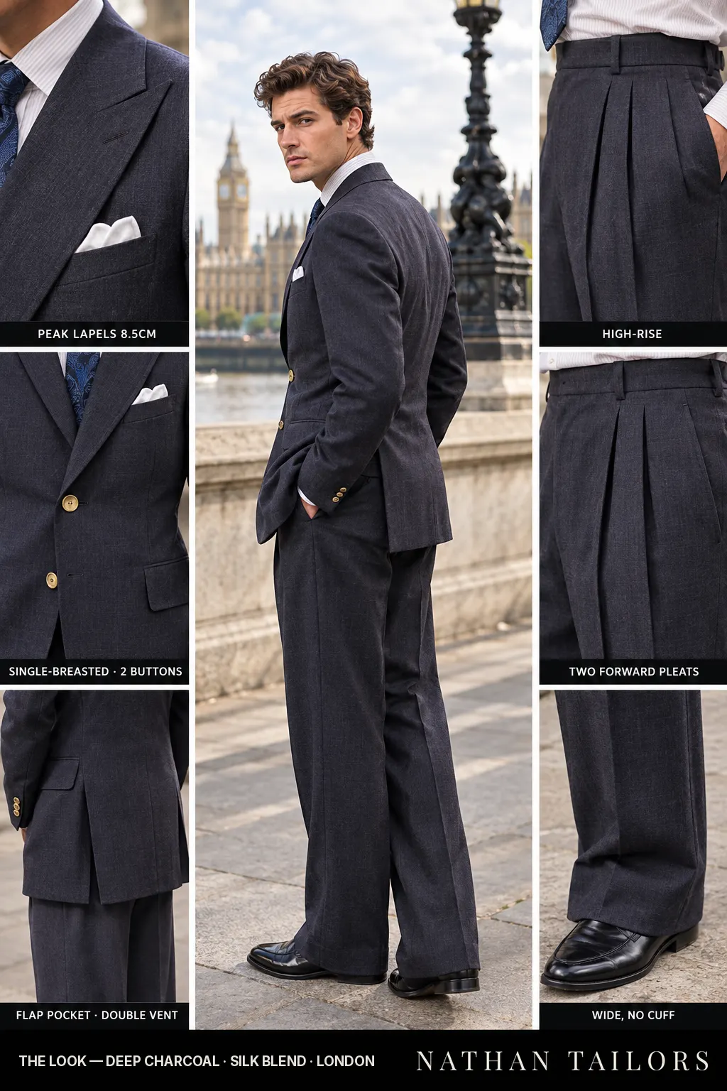 deep charcoal single-breasted peak-lapel bespoke suit โ AI-rendered by Nathan Tailors, the Hoi An custom tailor. Available as a custom tailored suit from $149.