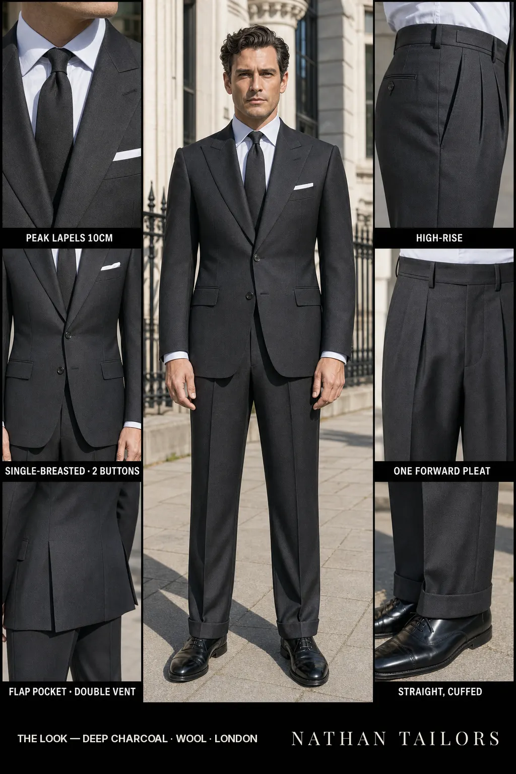 deep charcoal single-breasted peak-lapel bespoke suit — AI-rendered by Nathan Tailors, the Hoi An custom tailor. Available as a custom tailored suit from $149.