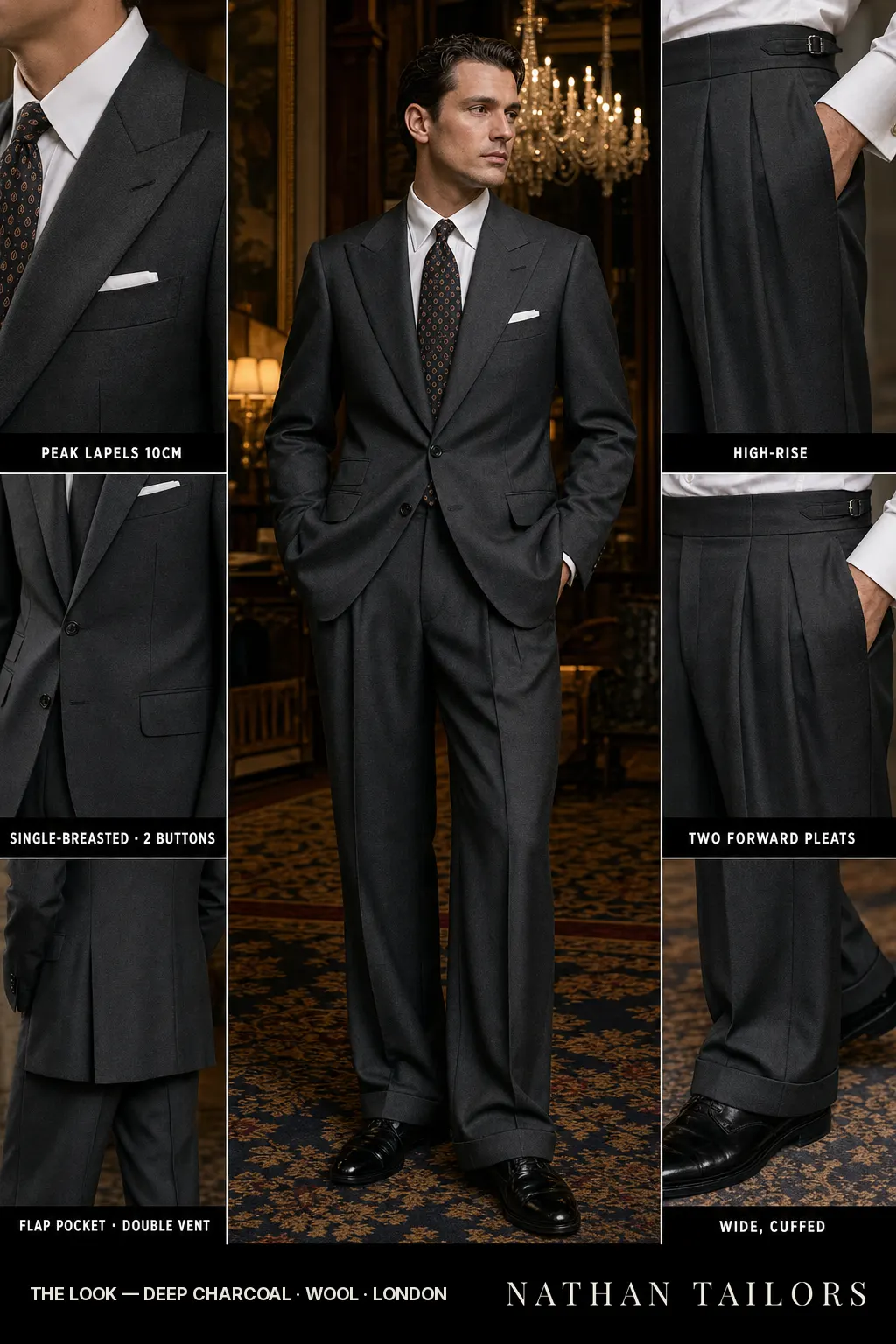 deep charcoal single-breasted peak-lapel bespoke suit — AI-rendered by Nathan Tailors, the Hoi An custom tailor. Available as a custom tailored suit from $149.