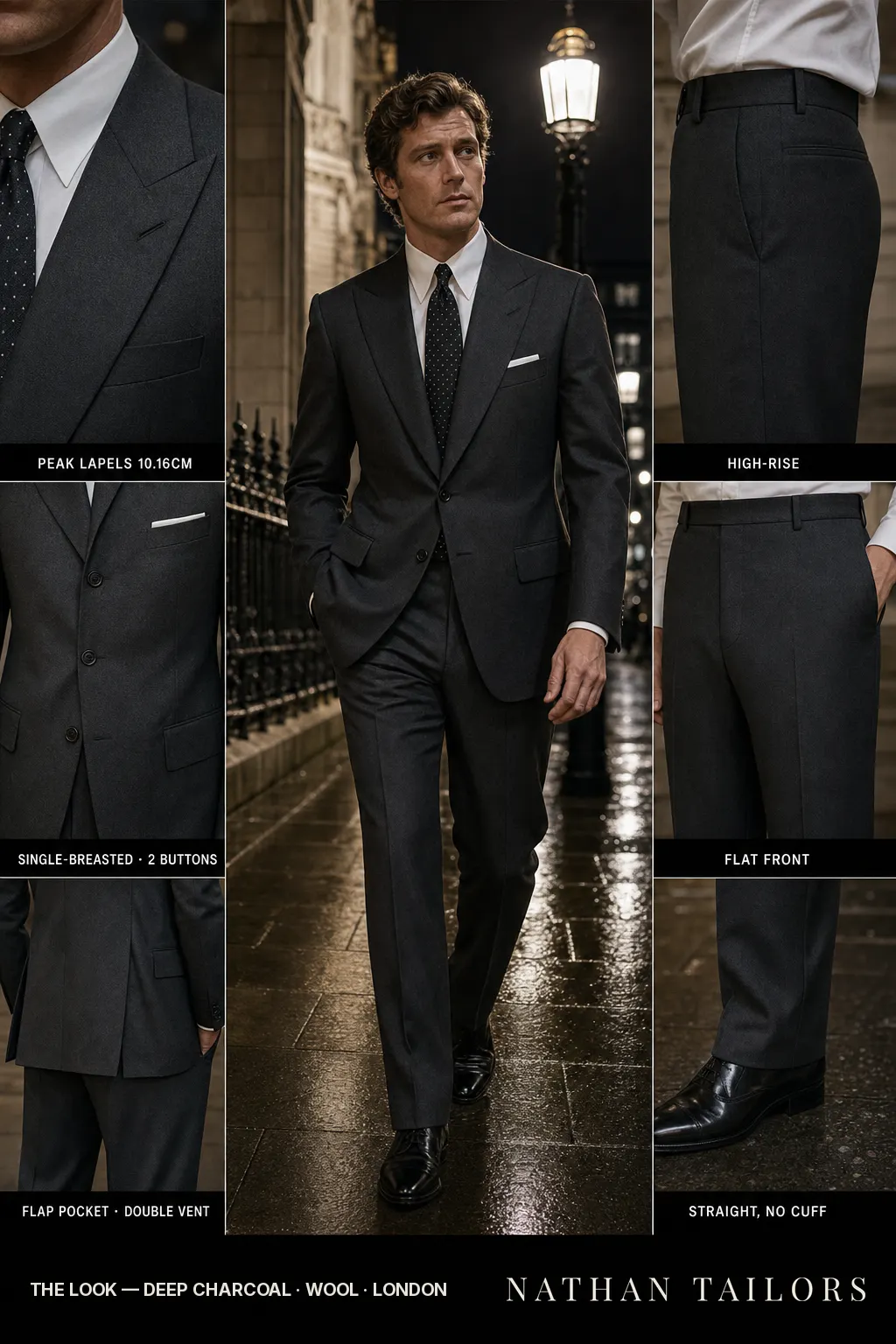 deep charcoal single-breasted peak-lapel bespoke suit โ AI-rendered by Nathan Tailors, the Hoi An custom tailor. Available as a custom tailored suit from $149.