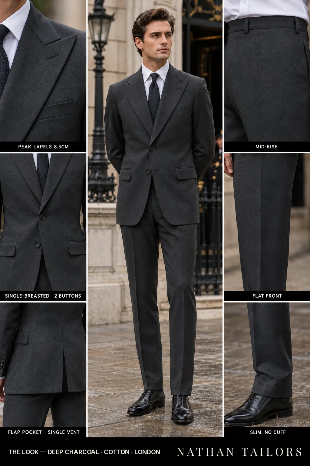 deep charcoal single-breasted peak-lapel bespoke suit — AI-rendered by Nathan Tailors, the Hoi An custom tailor. Available as a custom tailored suit from $149.